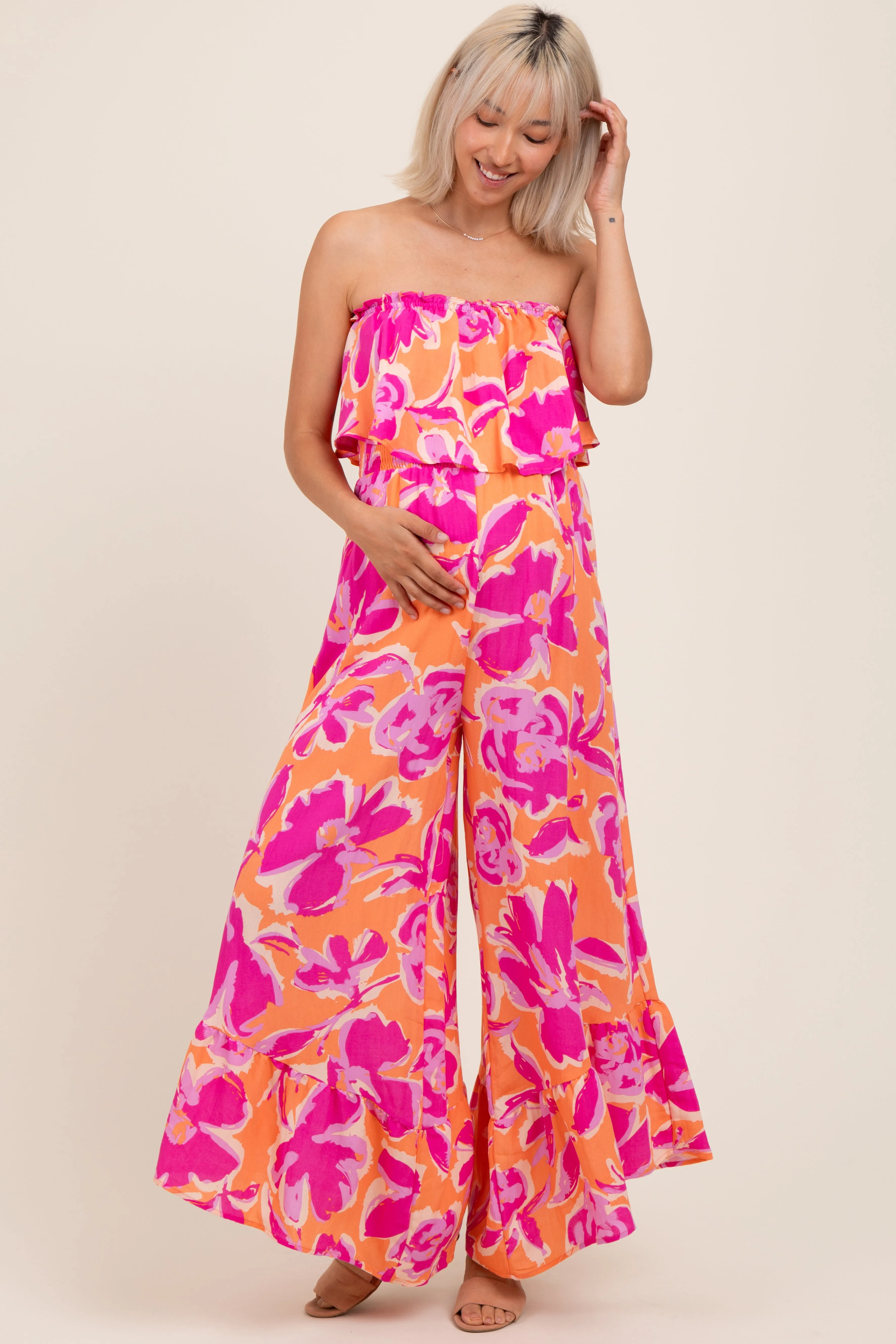 Orange Fuchsia Floral Strapless Ruffle Wide Leg Maternity Jumpsuit sold by Pinkblush product image thumbnail 2