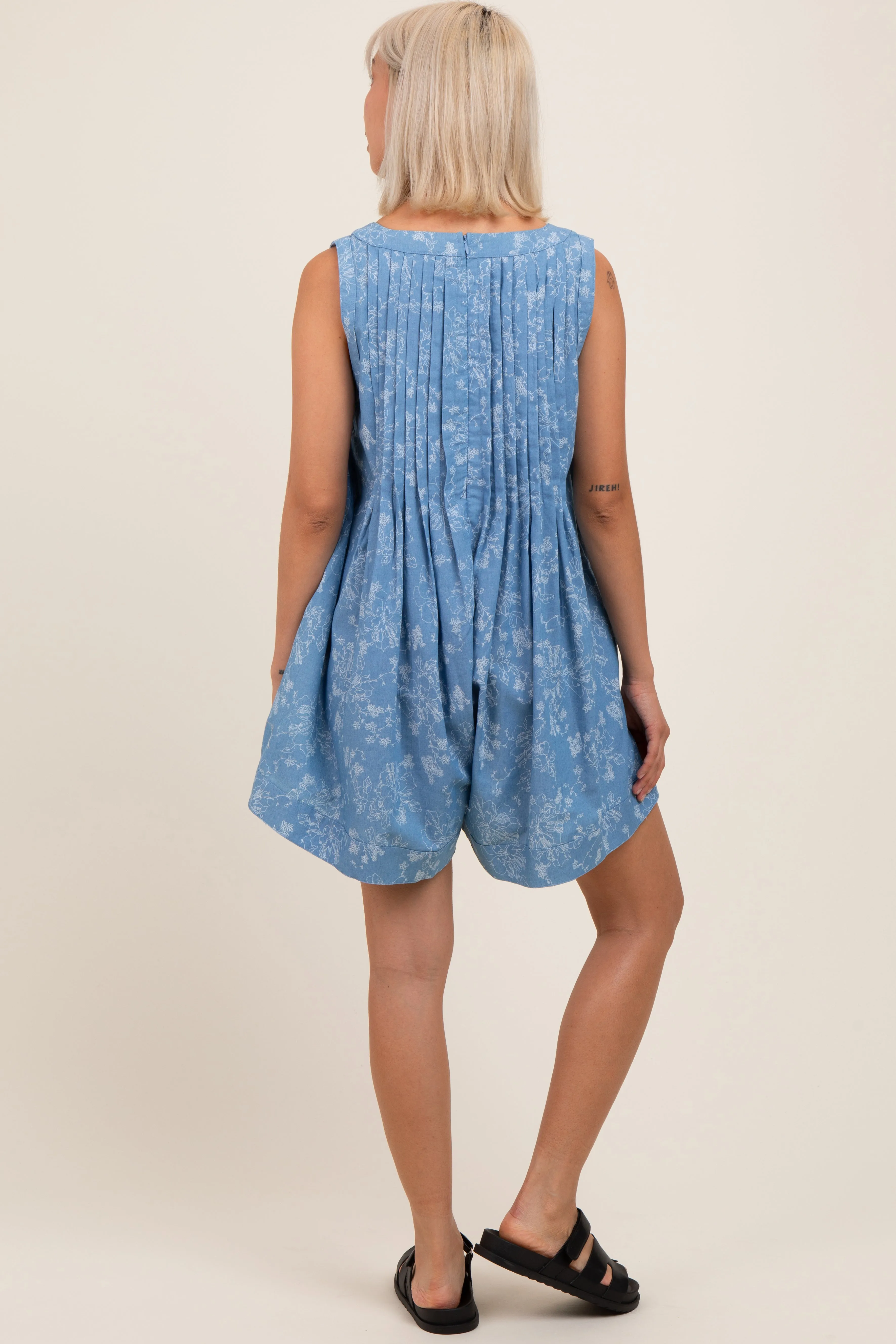 Light Blue Floral Chambray Pleat Front Maternity Romper sold by Pinkblush product image thumbnail 4
