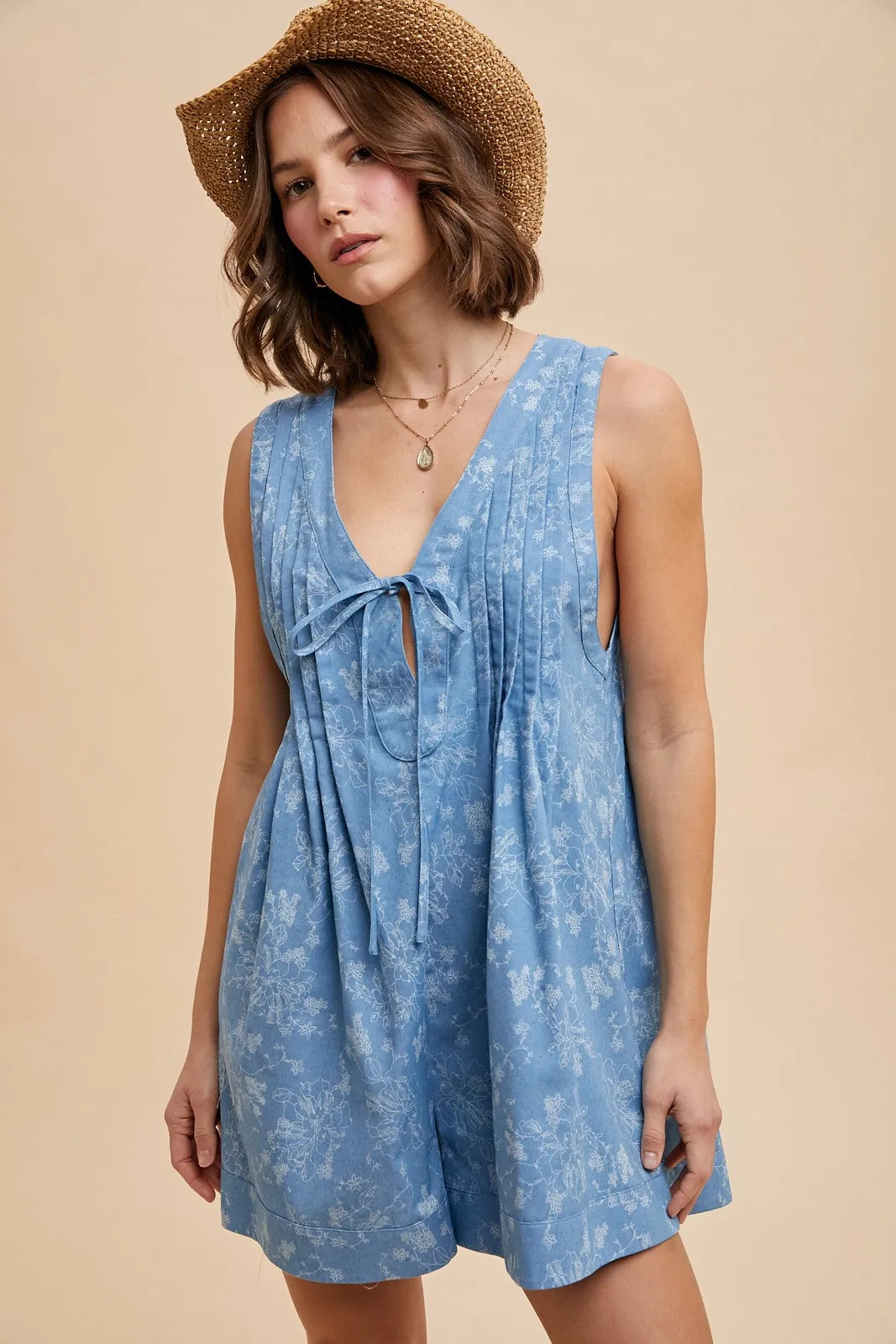 Light Blue Floral Chambray Pleat Front Maternity Romper sold by Pinkblush product image thumbnail 5