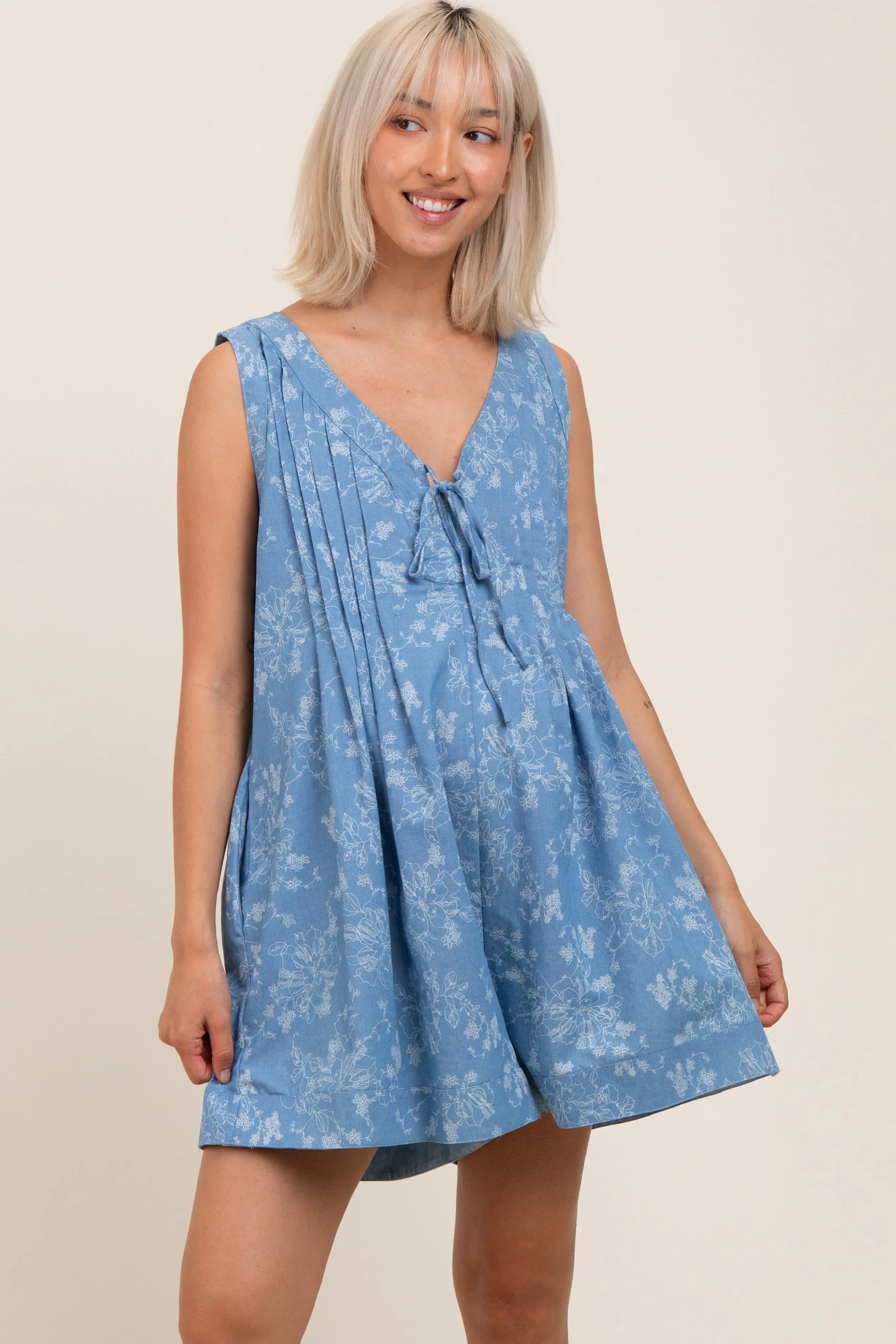 Light Blue Floral Chambray Pleat Front Maternity Romper sold by Pinkblush product image thumbnail 2