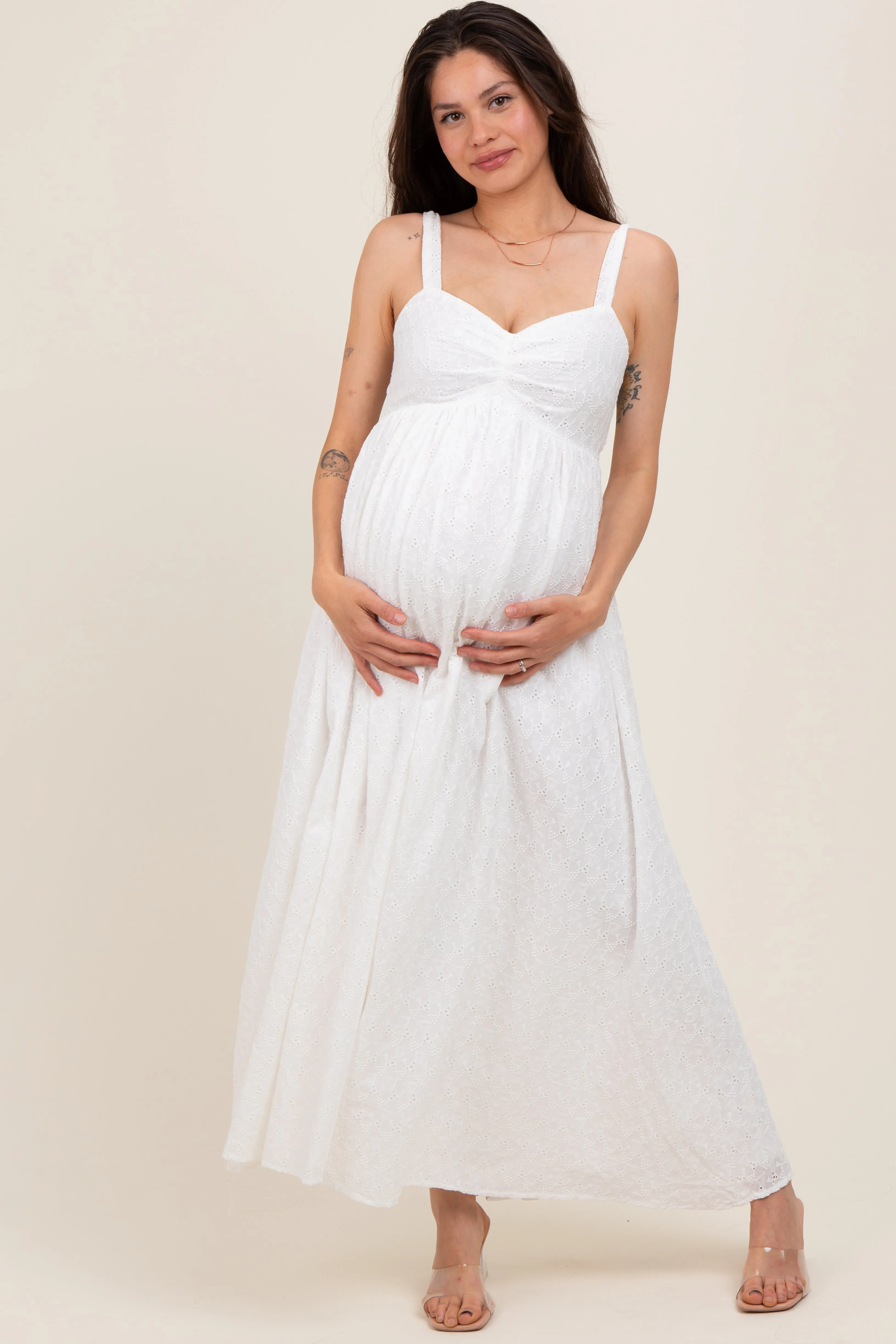 Ivory Eyelet Lace Sweetheart Neckline Maternity Midi Dress sold by Pinkblush product image thumbnail 2