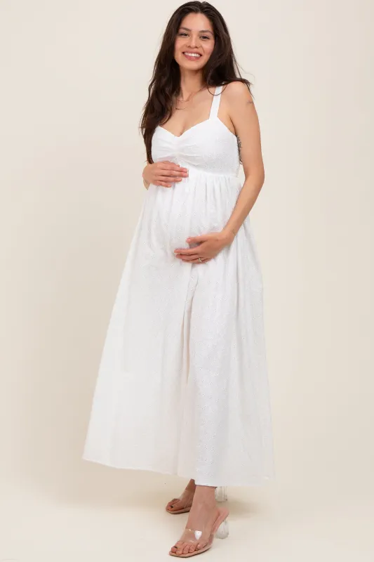Ivory Eyelet Lace Sweetheart Neckline Maternity Midi Dress sold by Pinkblush