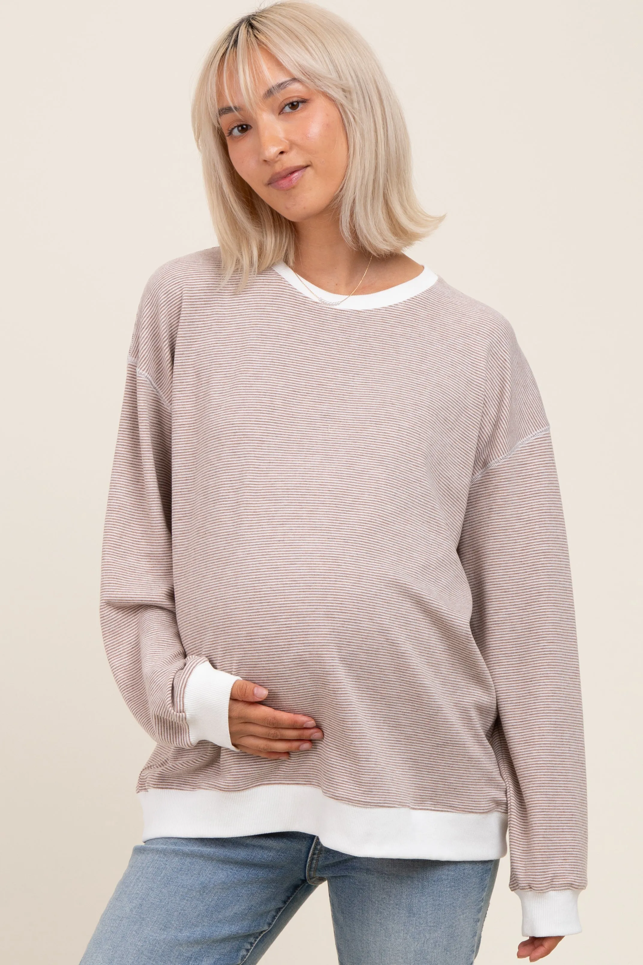 Mocha Striped Maternity Pullover Top sold by Pinkblush