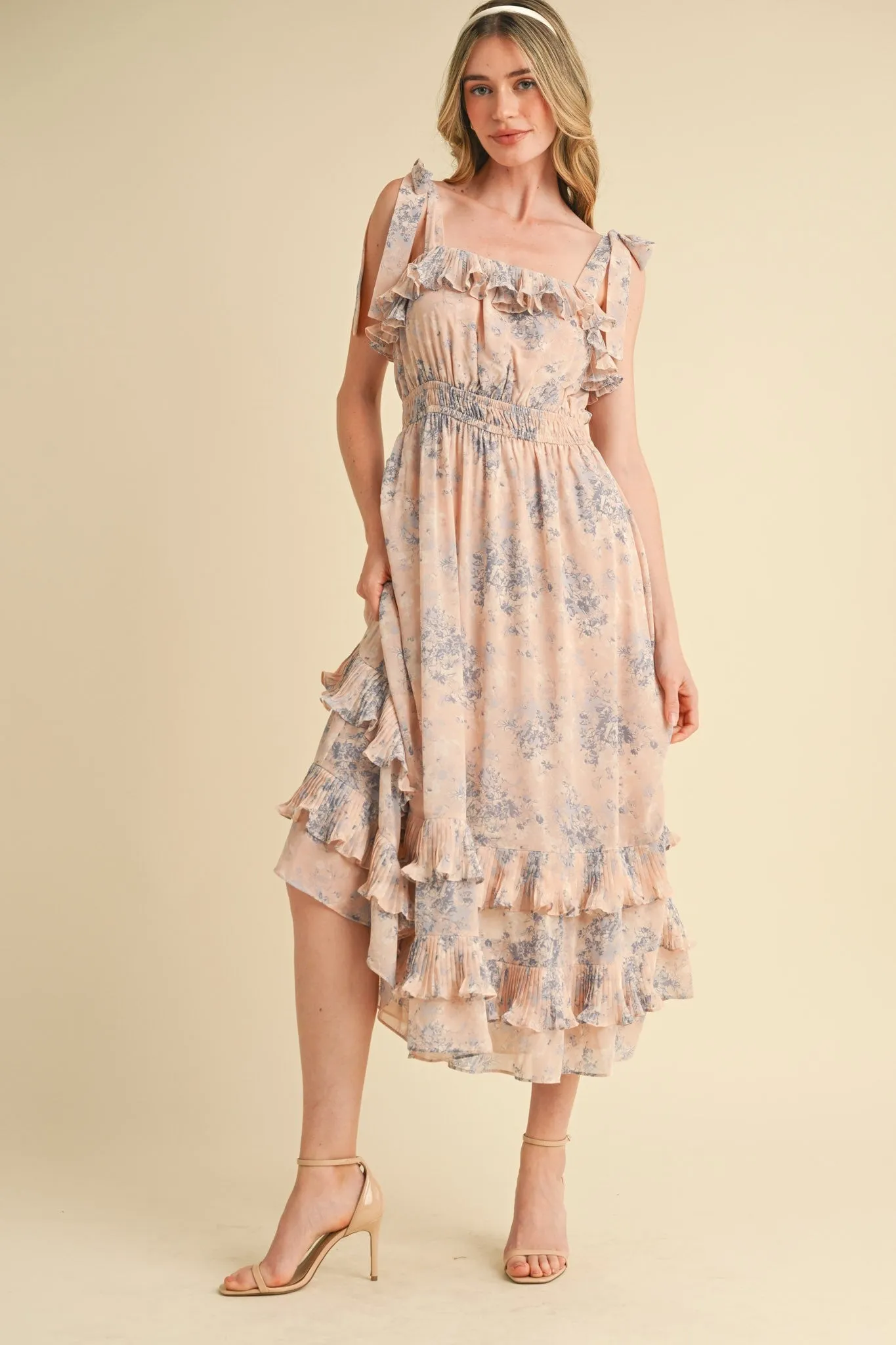 Light Pink Floral Chiffon Pleated Ruffle Maternity Midi Dress sold by Pinkblush product image thumbnail 4