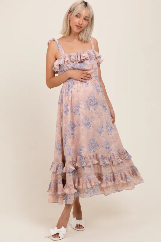 Light Pink Floral Chiffon Pleated Ruffle Maternity Midi Dress sold by Pinkblush