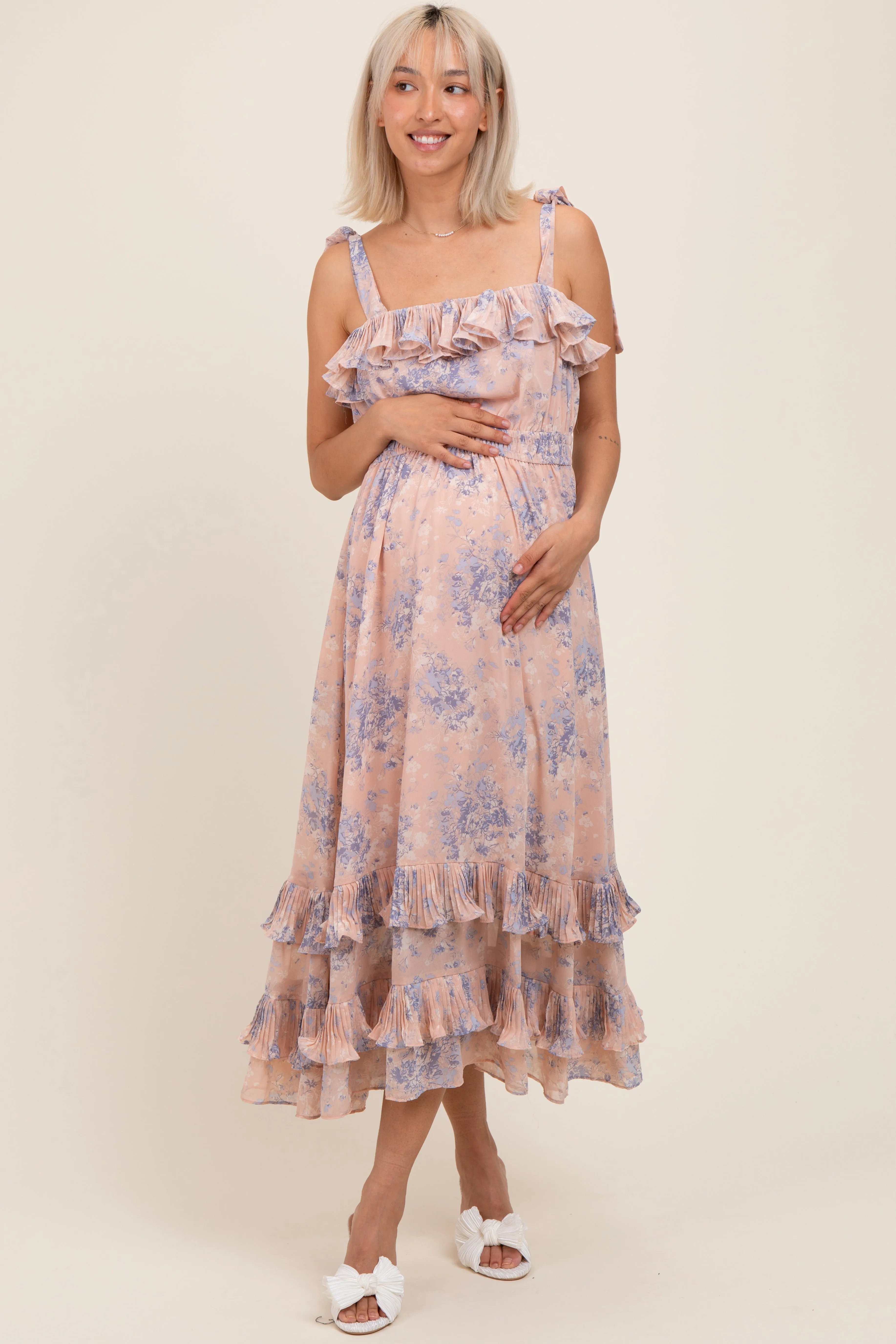 Light Pink Floral Chiffon Pleated Ruffle Maternity Midi Dress sold by Pinkblush product image thumbnail 2
