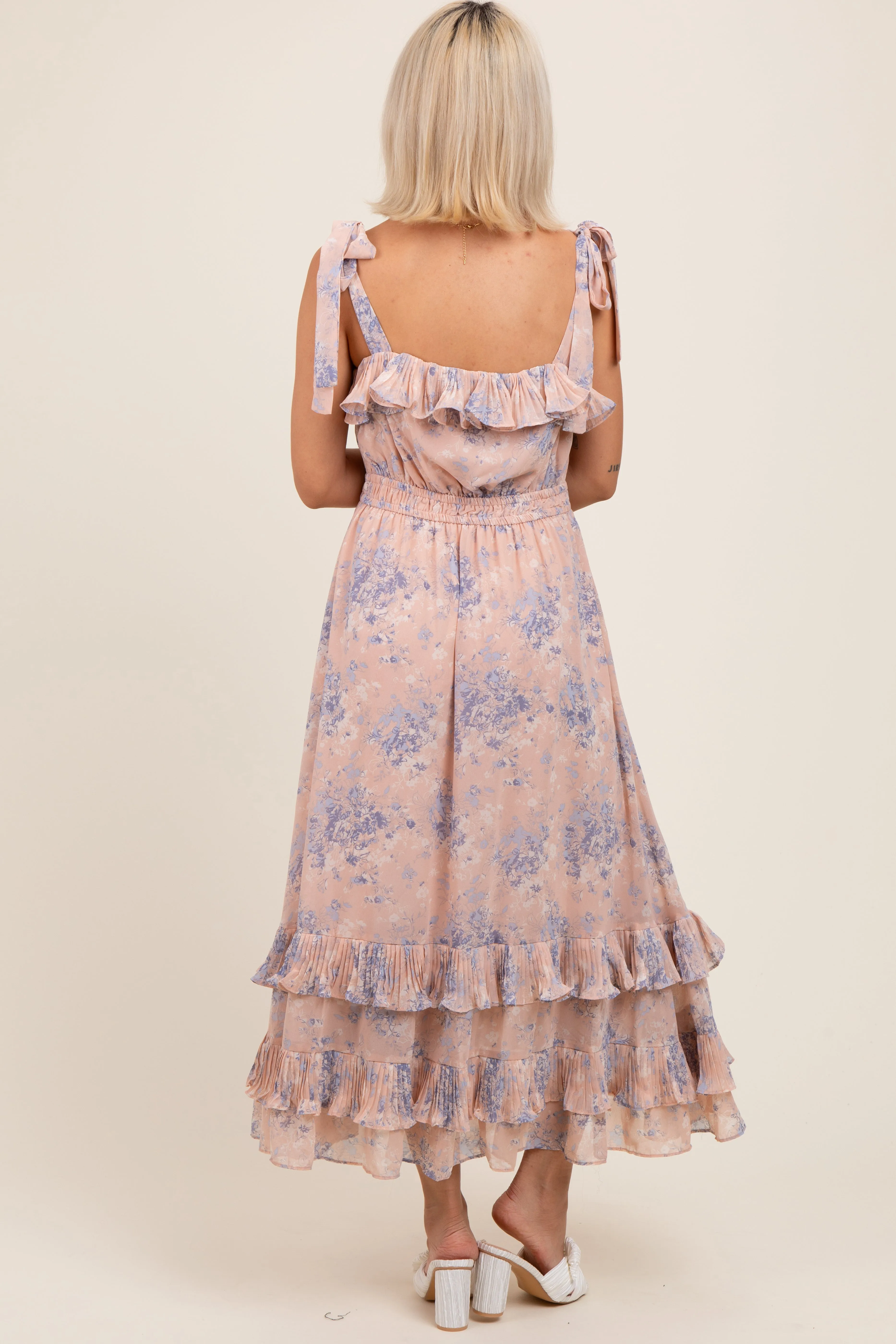 Light Pink Floral Chiffon Pleated Ruffle Maternity Midi Dress sold by Pinkblush product image thumbnail 3