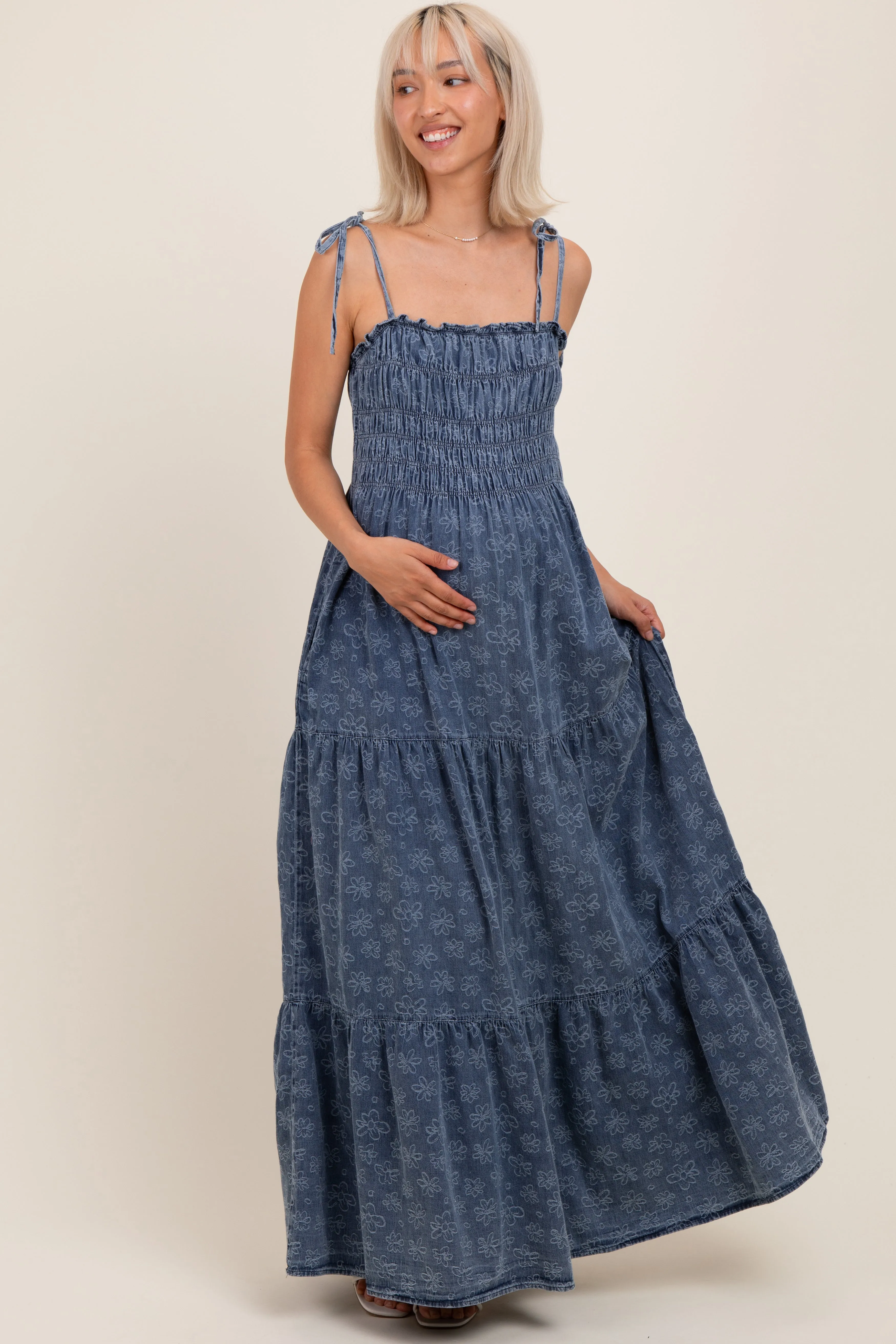 Navy Floral Denim Smocked Tiered Maternity Maxi Dress sold by Pinkblush product image thumbnail 3