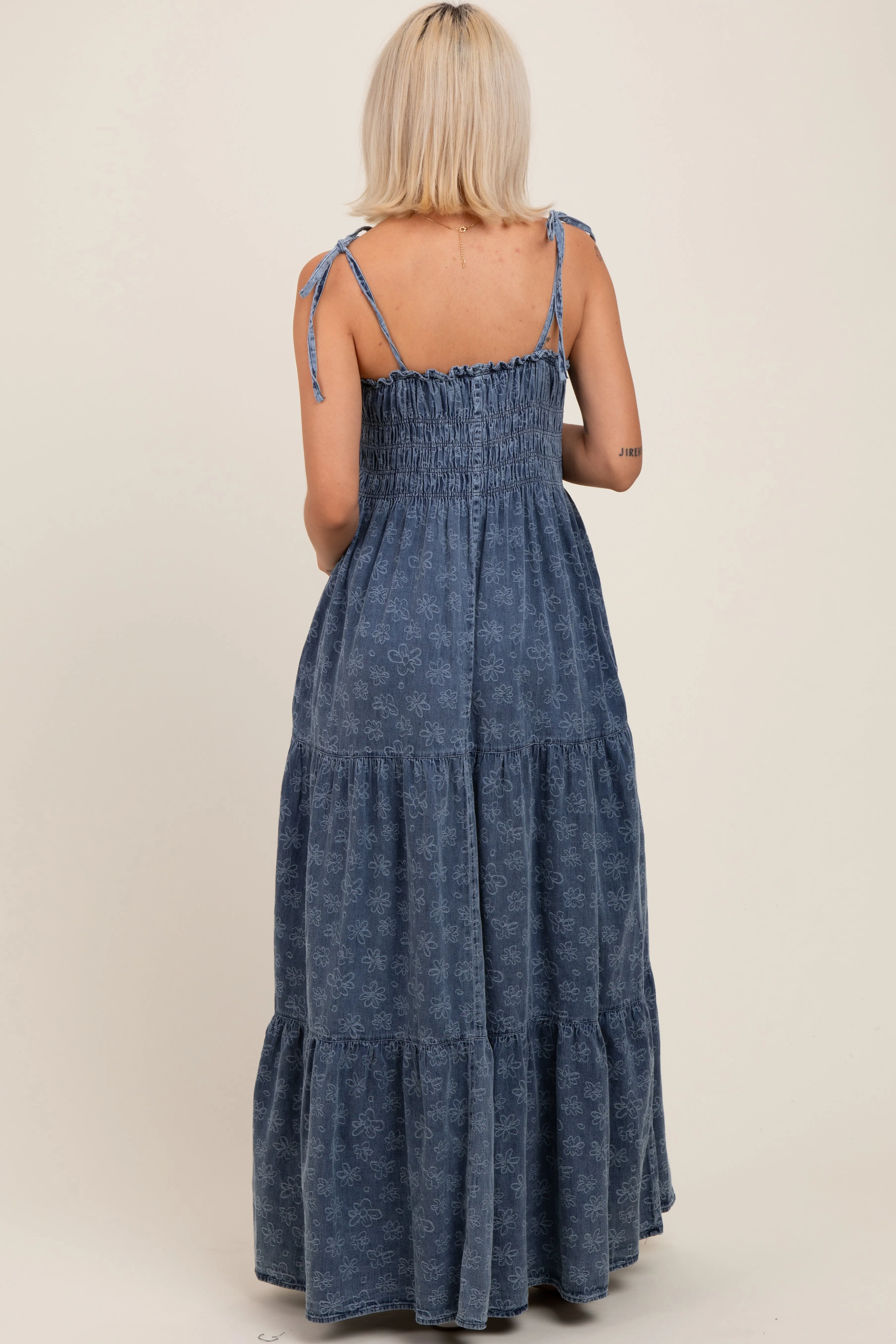 Navy Floral Denim Smocked Tiered Maternity Maxi Dress sold by Pinkblush product image thumbnail 4