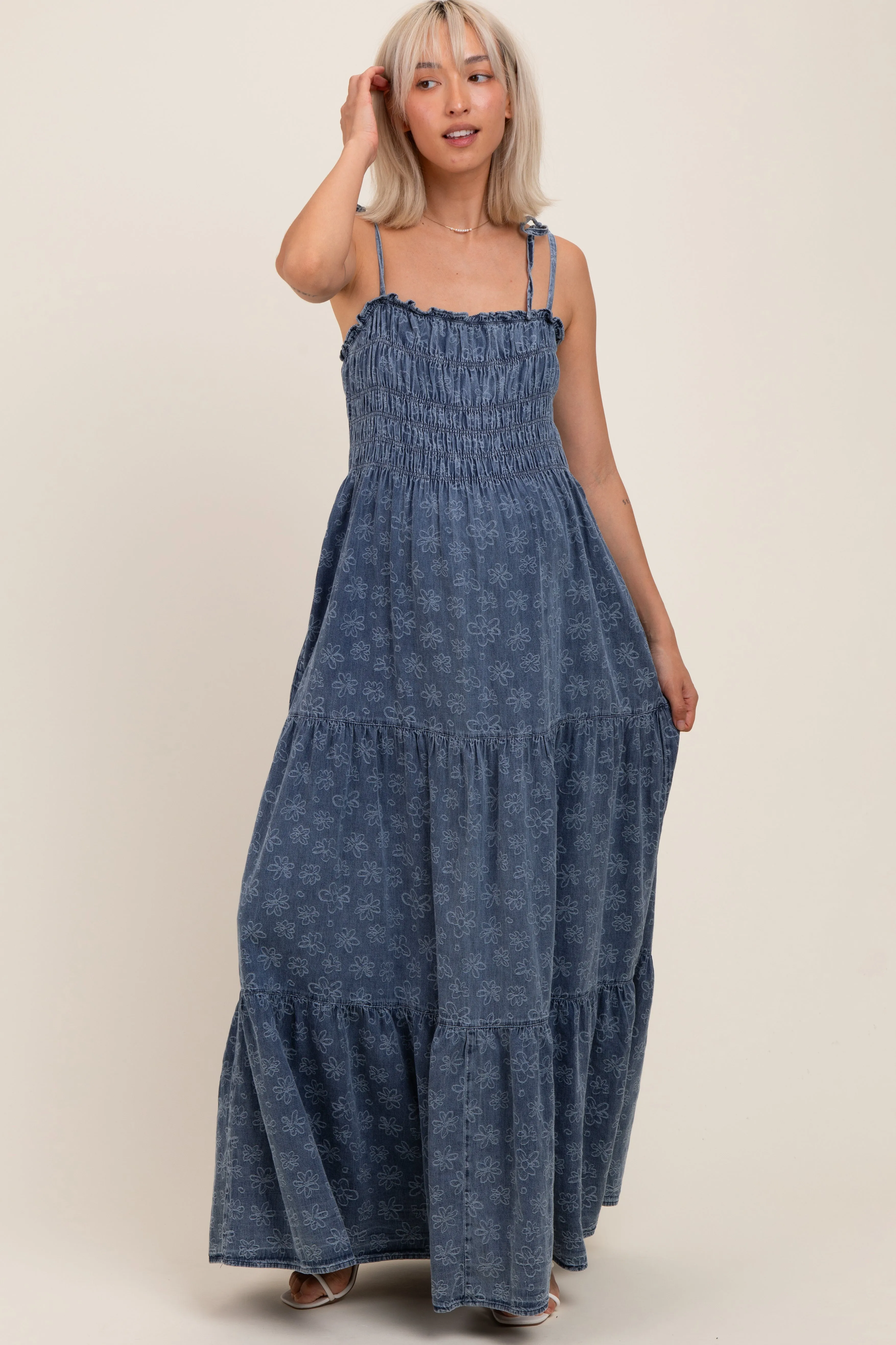 Navy Floral Denim Smocked Tiered Maternity Maxi Dress sold by Pinkblush