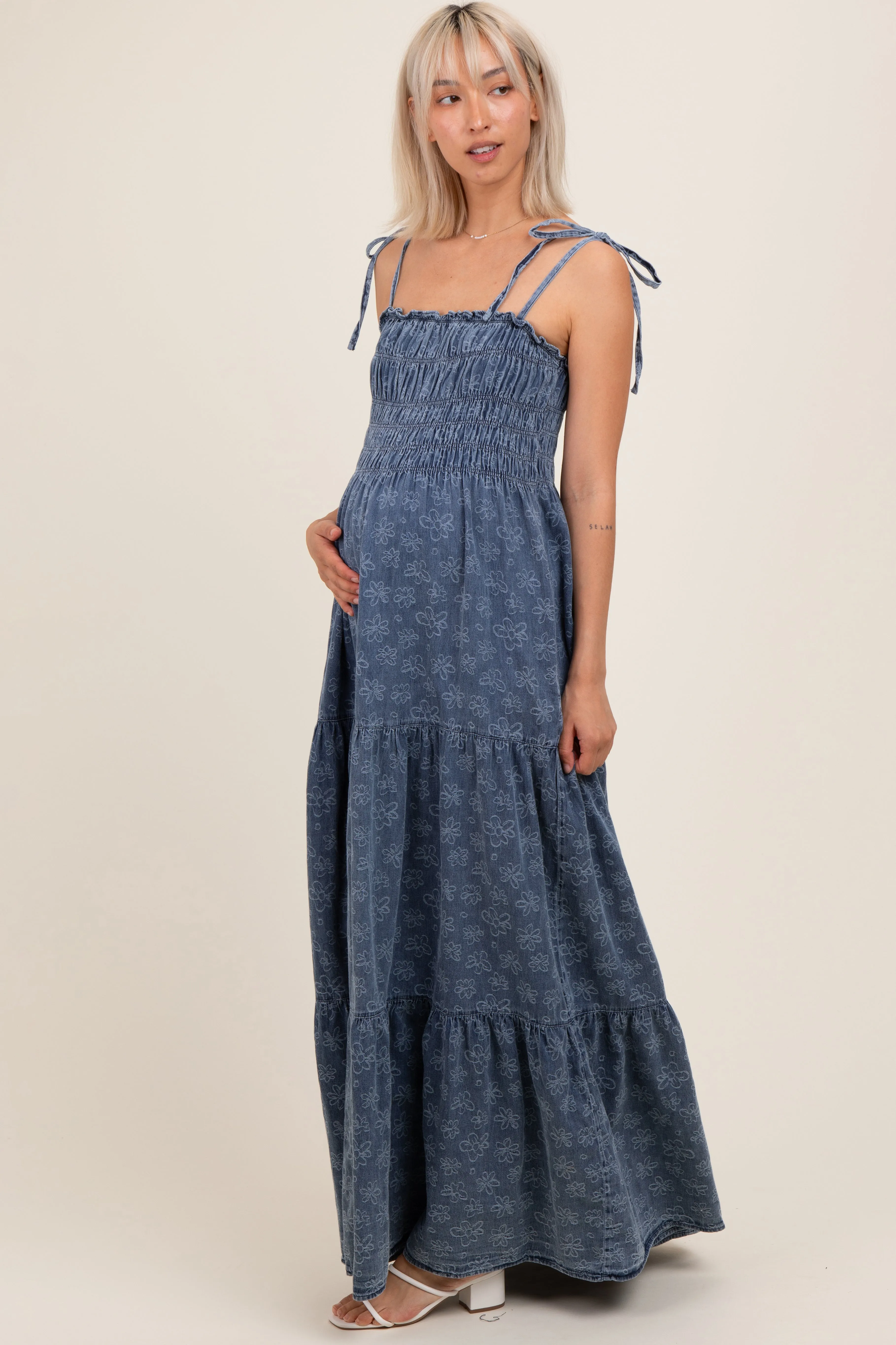 Navy Floral Denim Smocked Tiered Maternity Maxi Dress sold by Pinkblush product image thumbnail 2