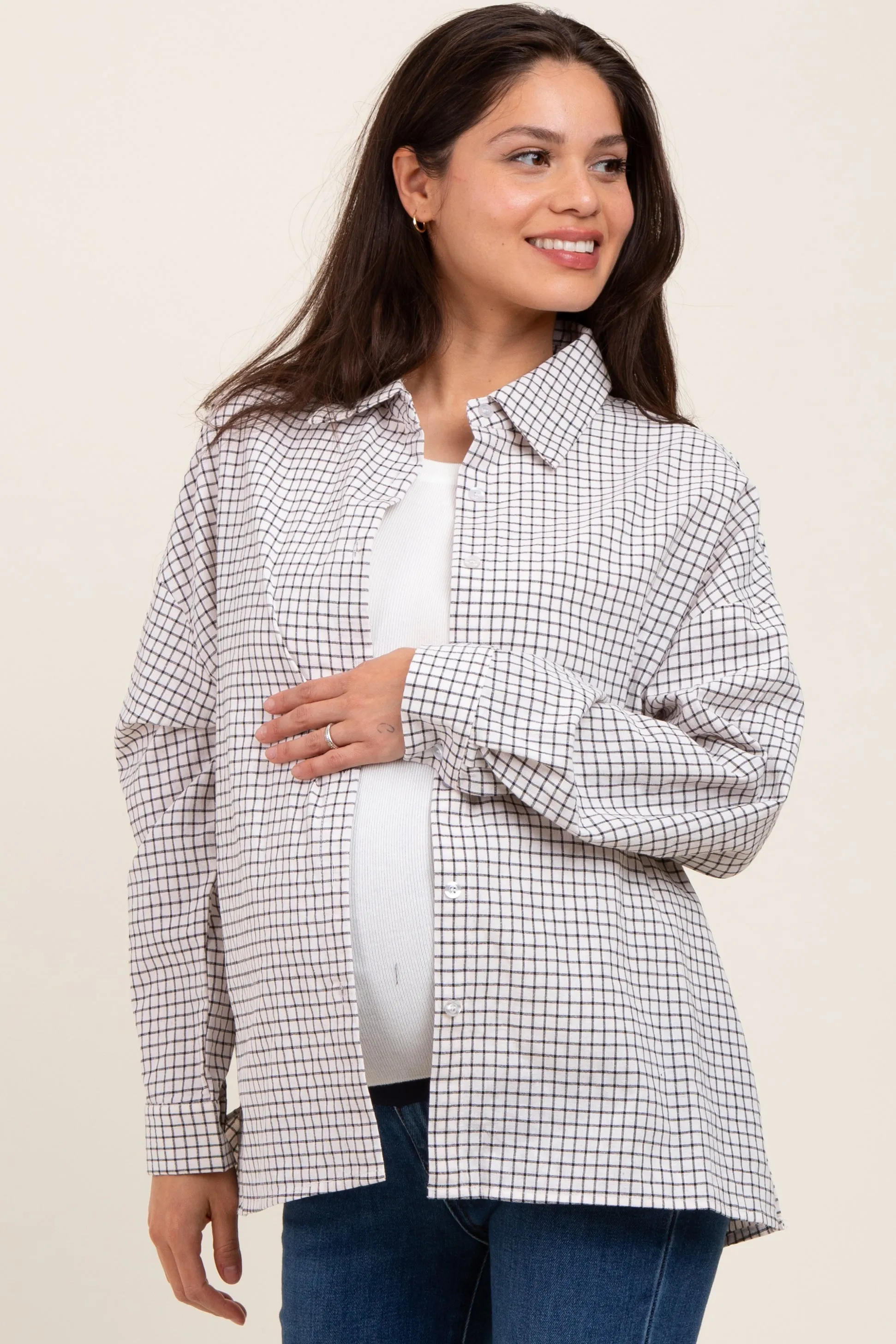 Ivory Checker Plaid Button Down Maternity Shirt sold by Pinkblush product image thumbnail 2