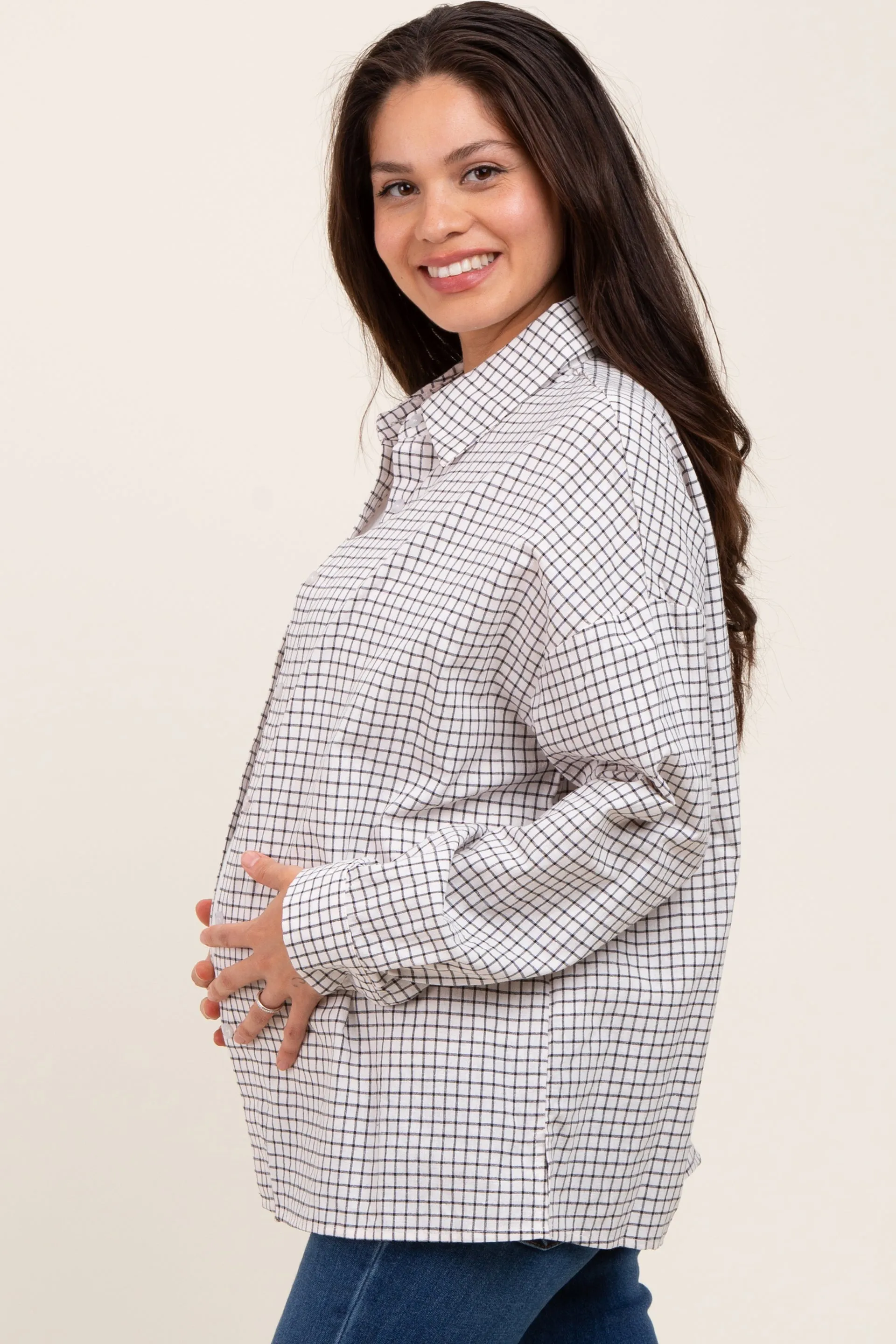 Ivory Checker Plaid Button Down Maternity Shirt sold by Pinkblush product image thumbnail 3
