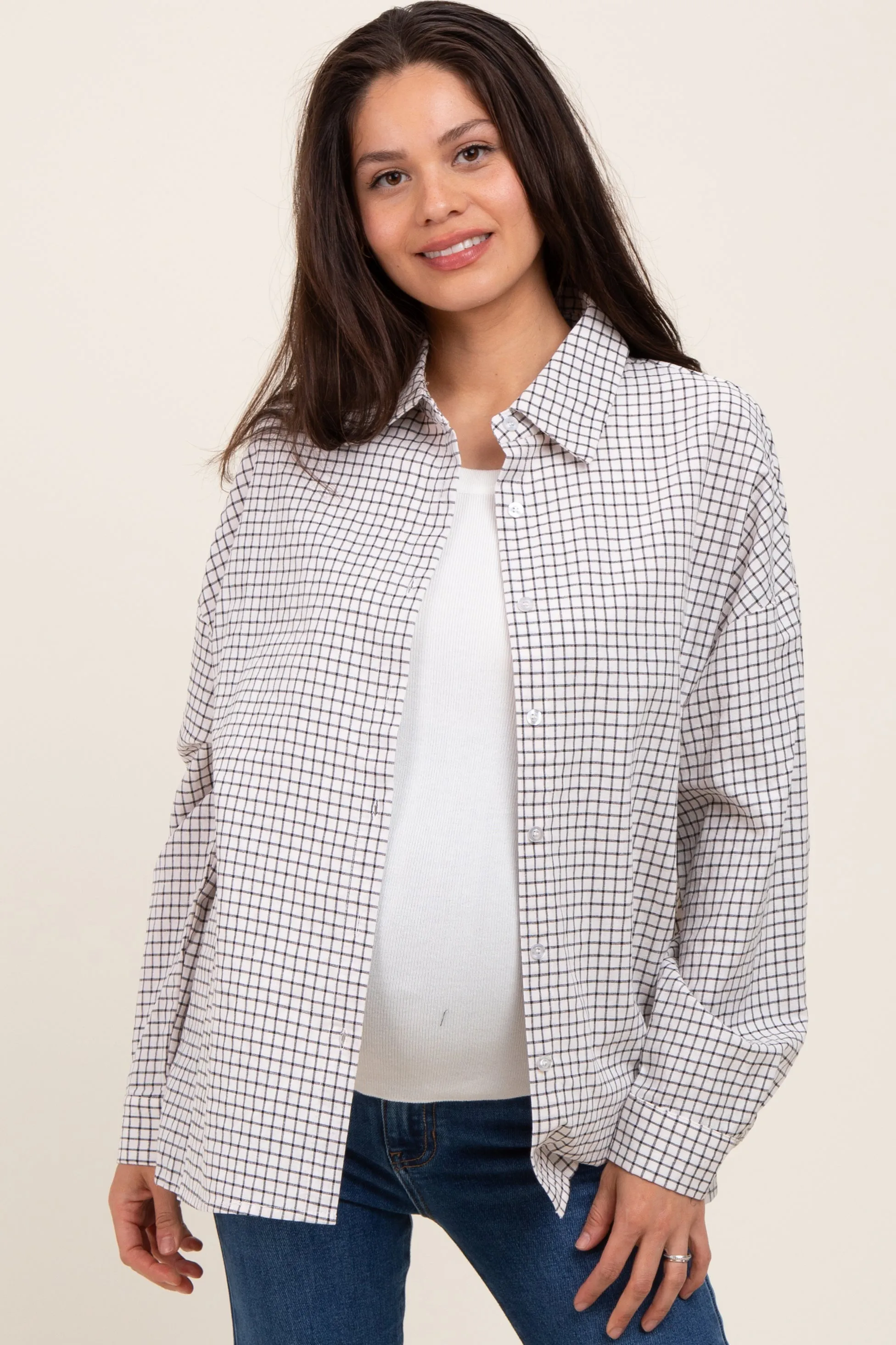 Ivory Checker Plaid Button Down Maternity Shirt sold by Pinkblush