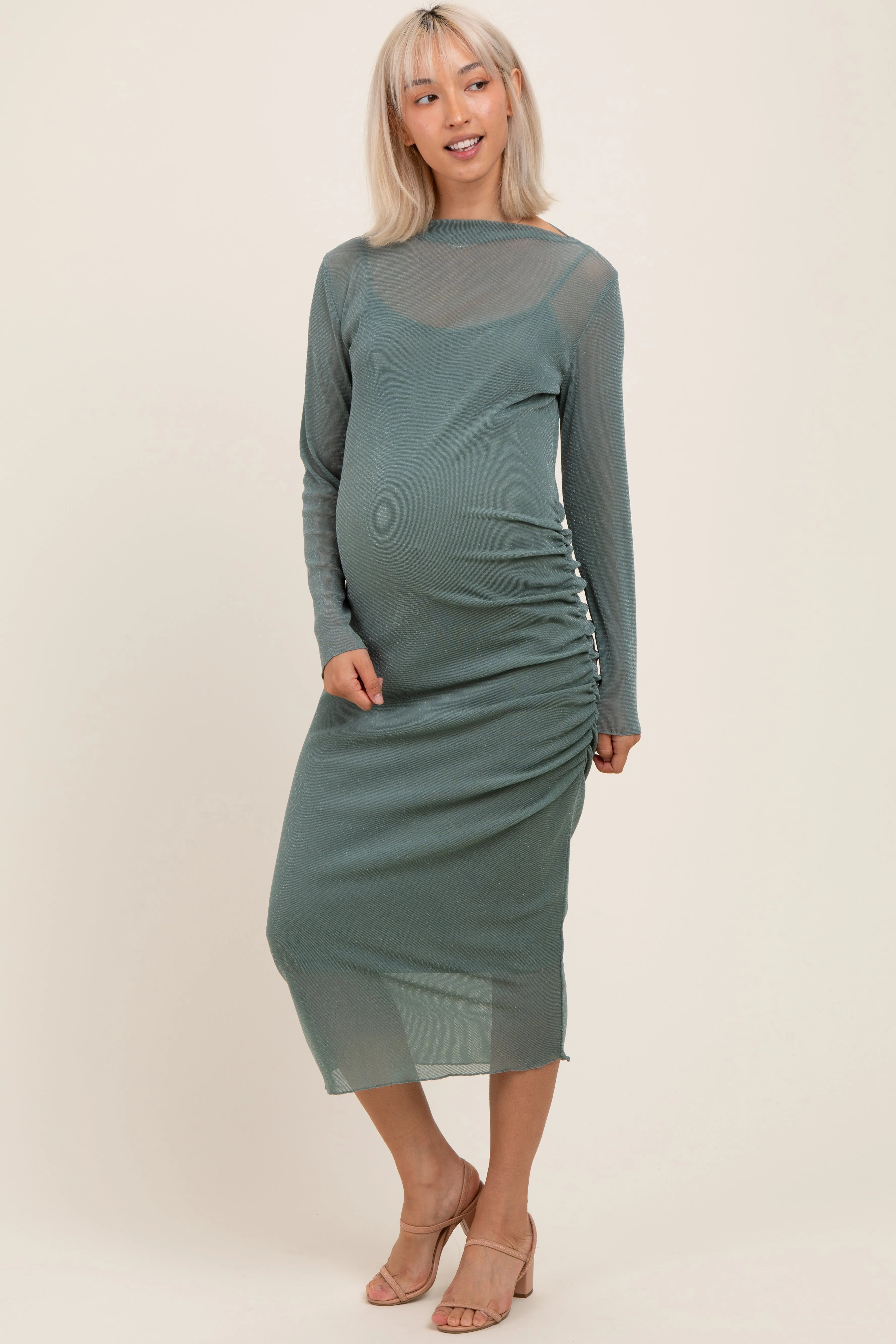 Light Olive Shimmer Mesh Long Sleeve Ruched Maternity Midi Dress sold by Pinkblush product image thumbnail 2