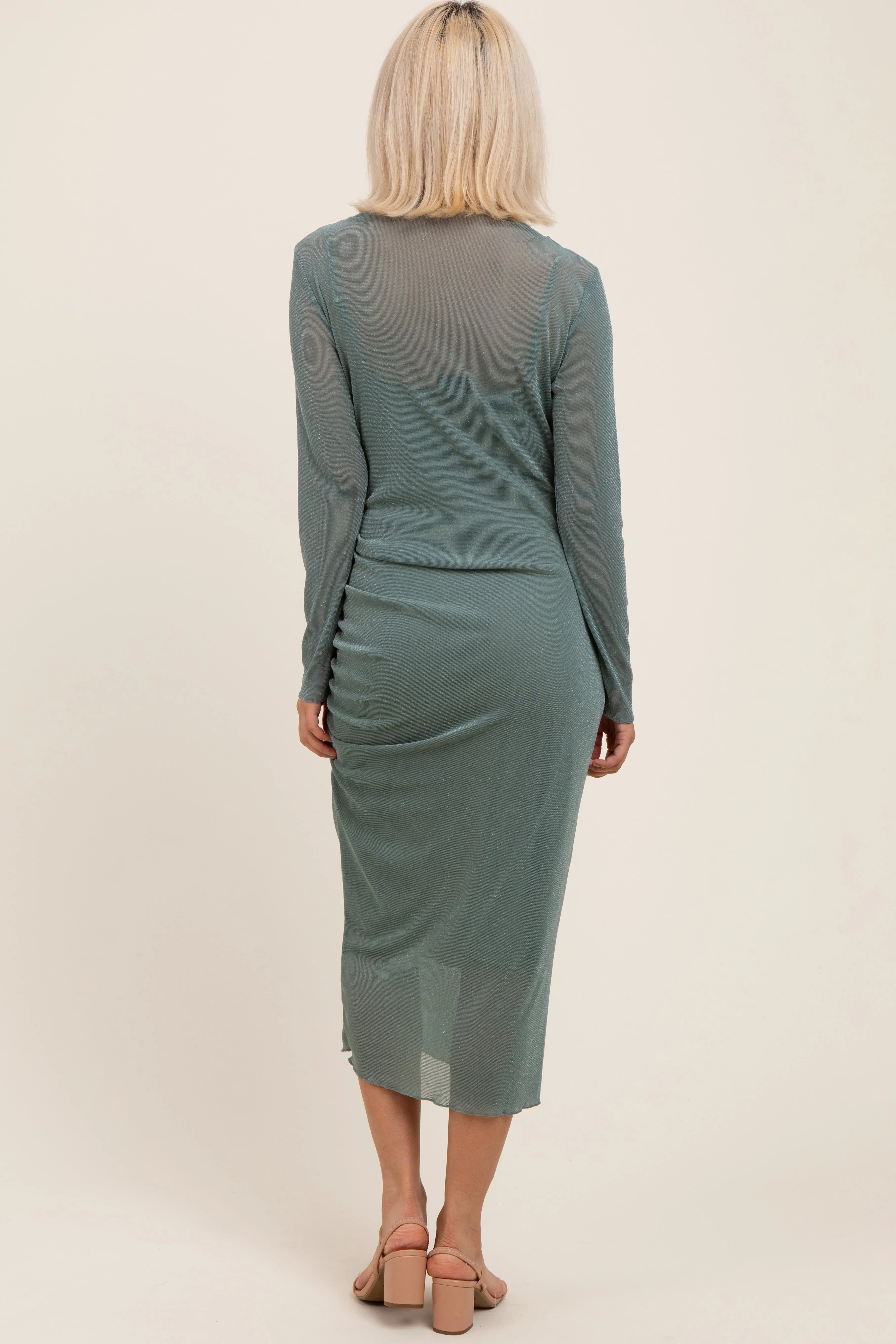 Light Olive Shimmer Mesh Long Sleeve Ruched Maternity Midi Dress sold by Pinkblush product image thumbnail 3