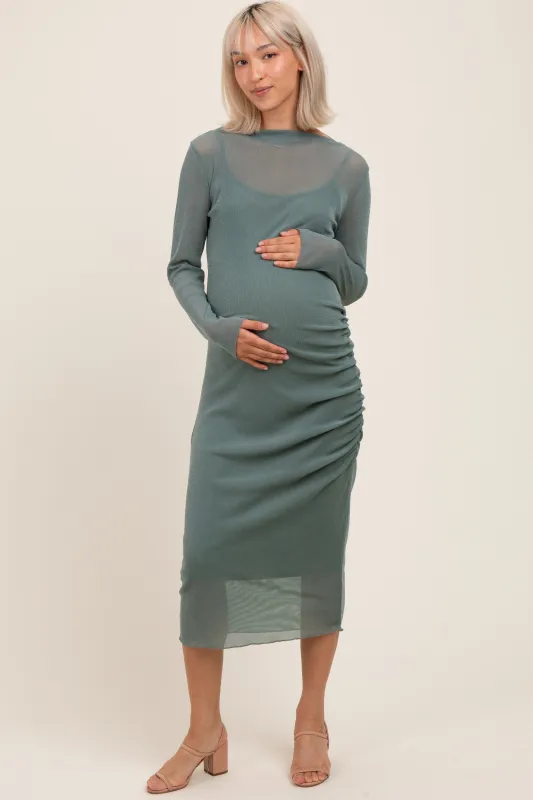 Light Olive Shimmer Mesh Long Sleeve Ruched Maternity Midi Dress sold by Pinkblush