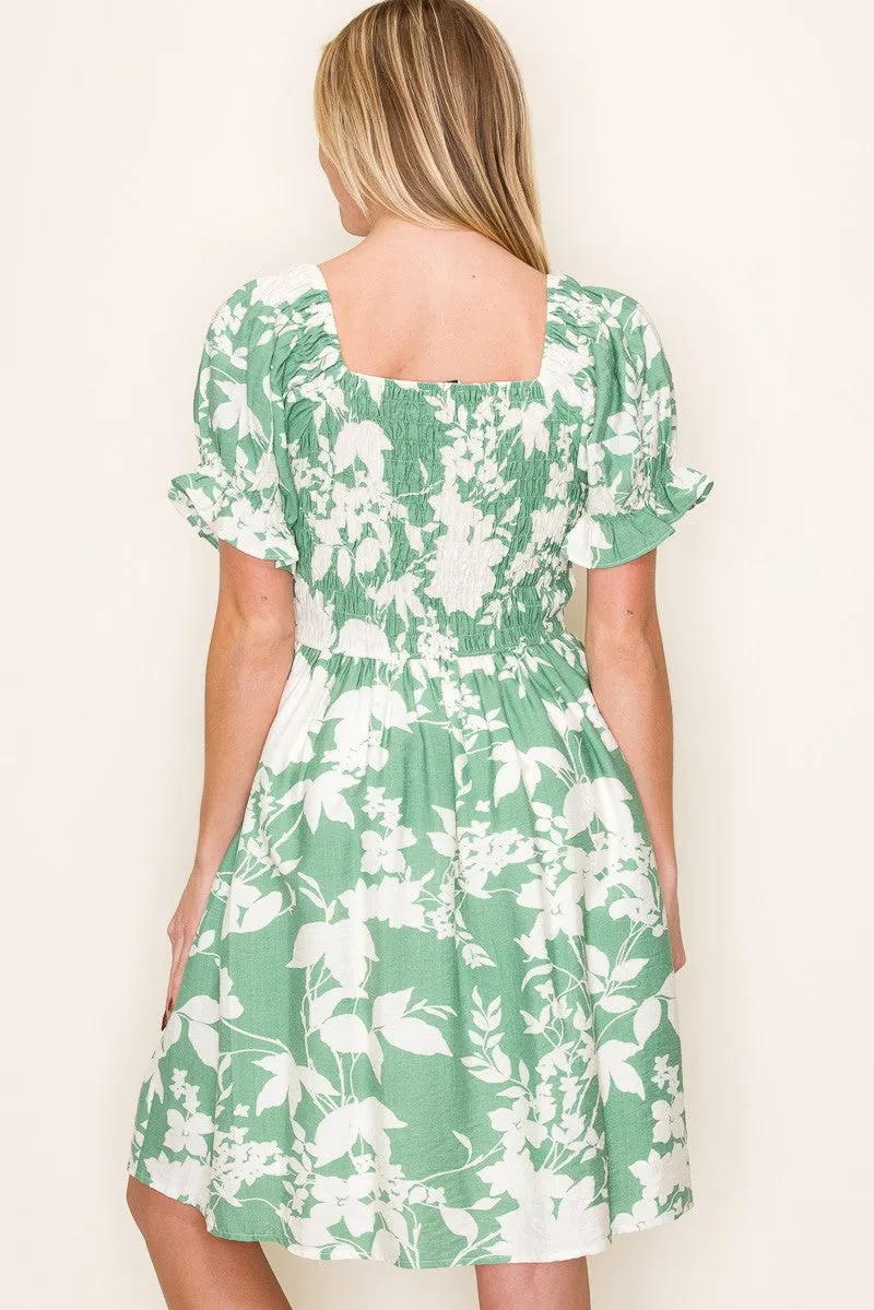Light Olive Floral Smocked Puff Sleeve Dress sold by Pinkblush product image thumbnail 5