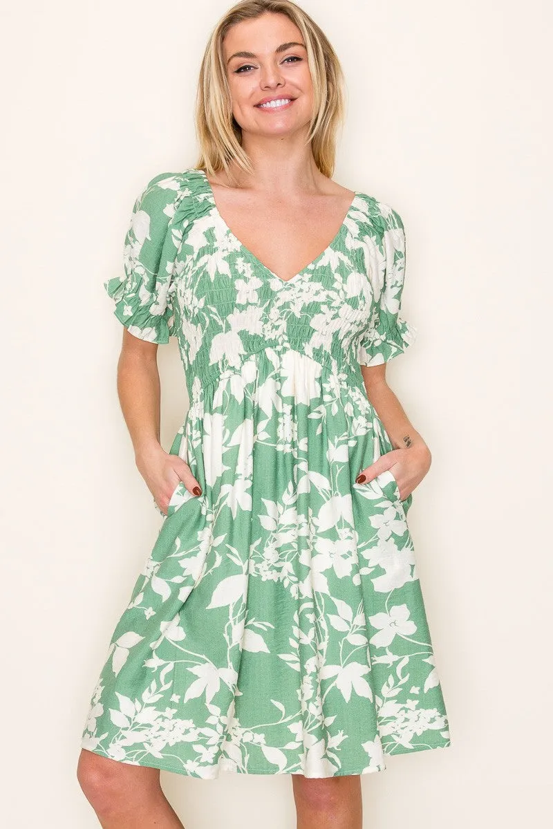 Light Olive Floral Smocked Puff Sleeve Dress sold by Pinkblush product image thumbnail 2