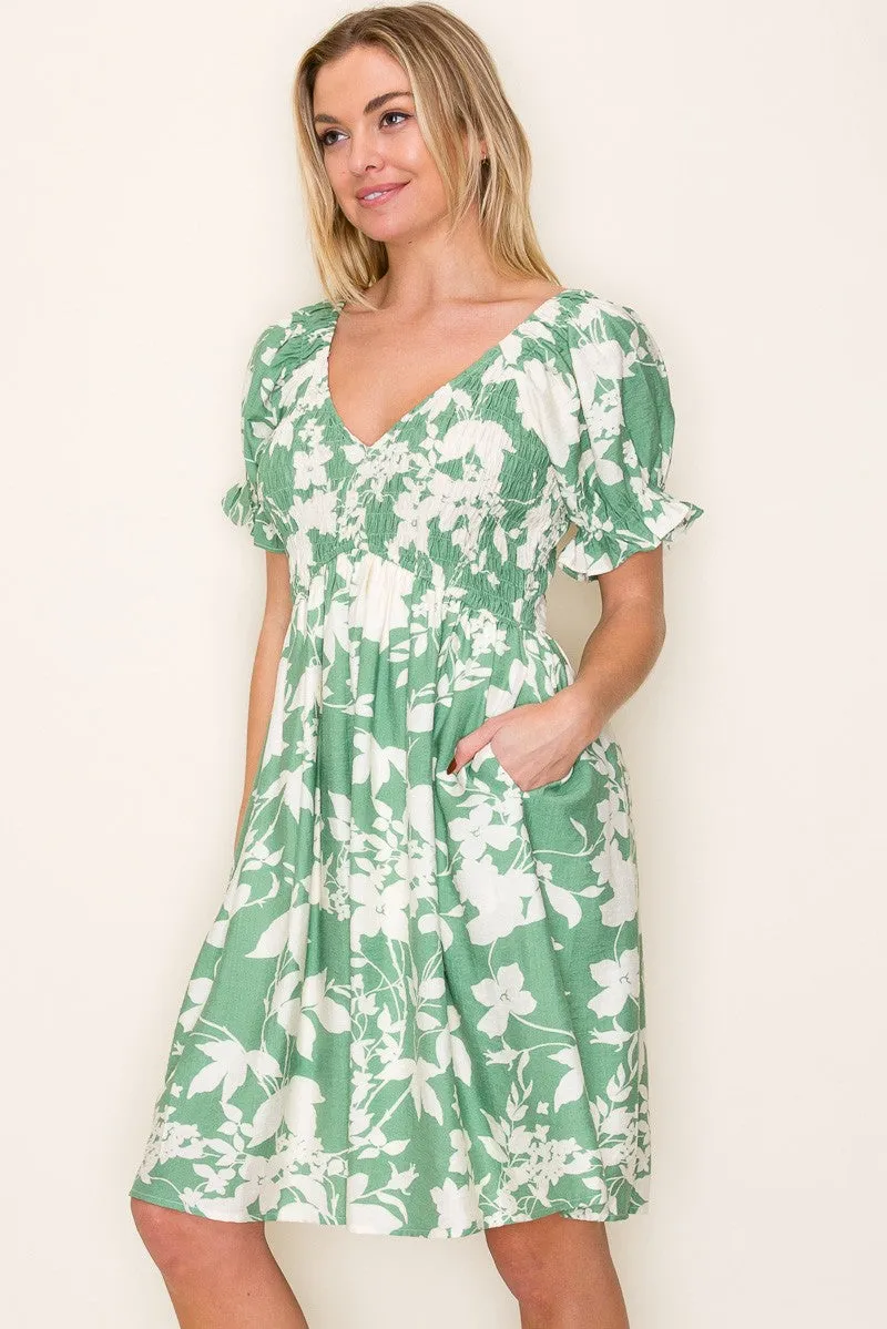 Light Olive Floral Smocked Puff Sleeve Dress sold by Pinkblush product image thumbnail 4