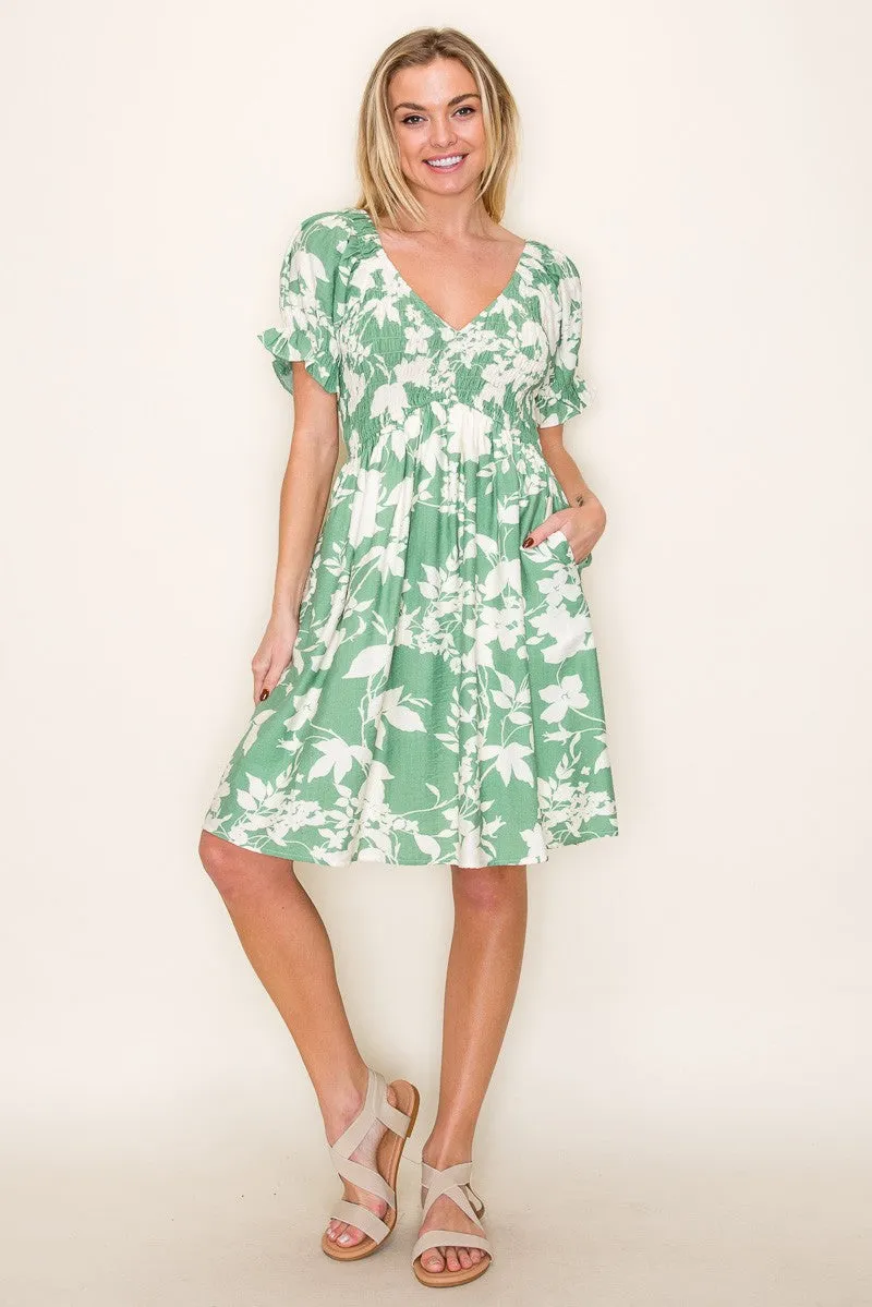 Light Olive Floral Smocked Puff Sleeve Dress sold by Pinkblush