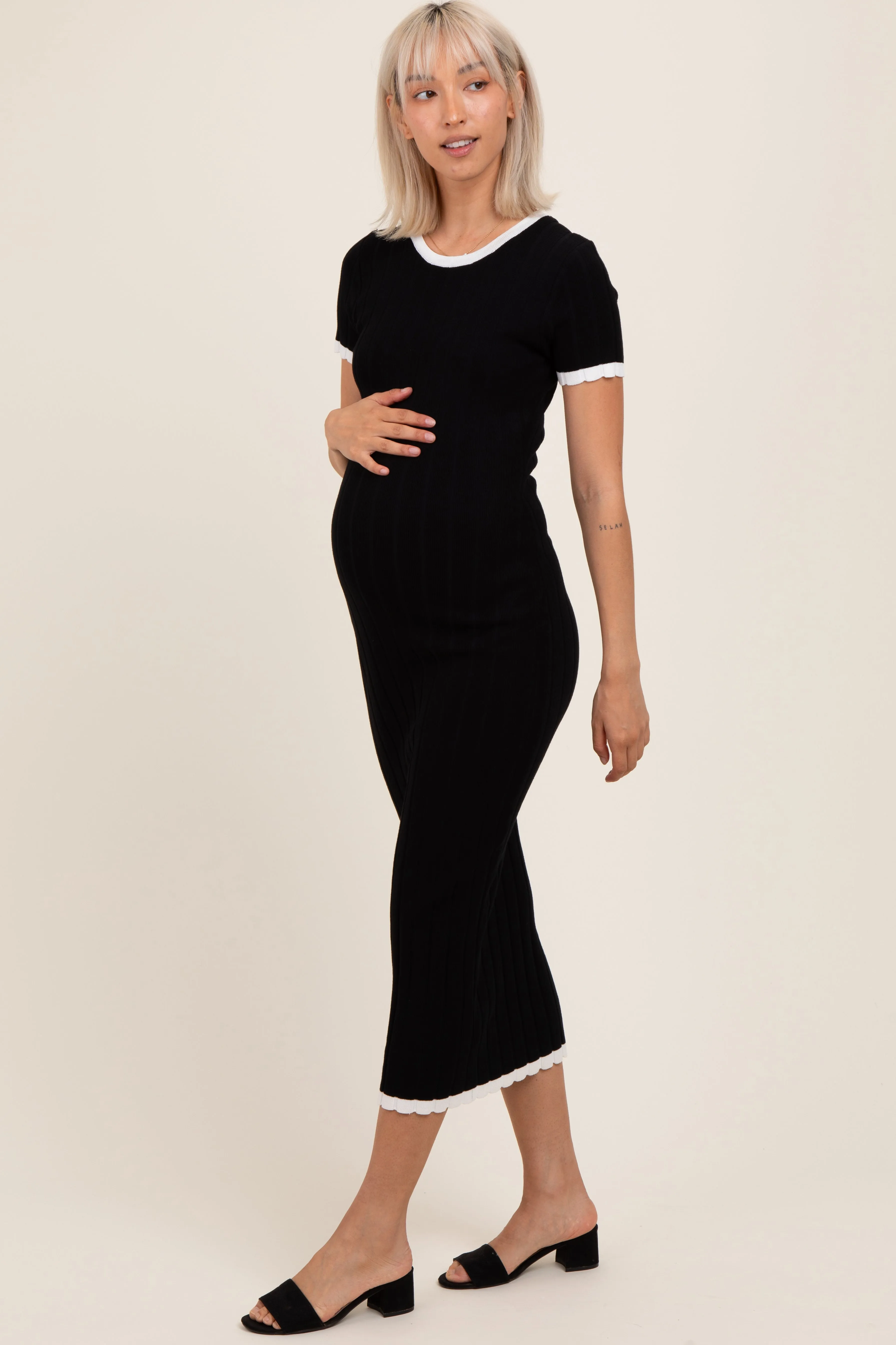 Black/White Short Sleeve Sweater Knit Rib Maternity Midi Dress sold by Pinkblush product image thumbnail 2