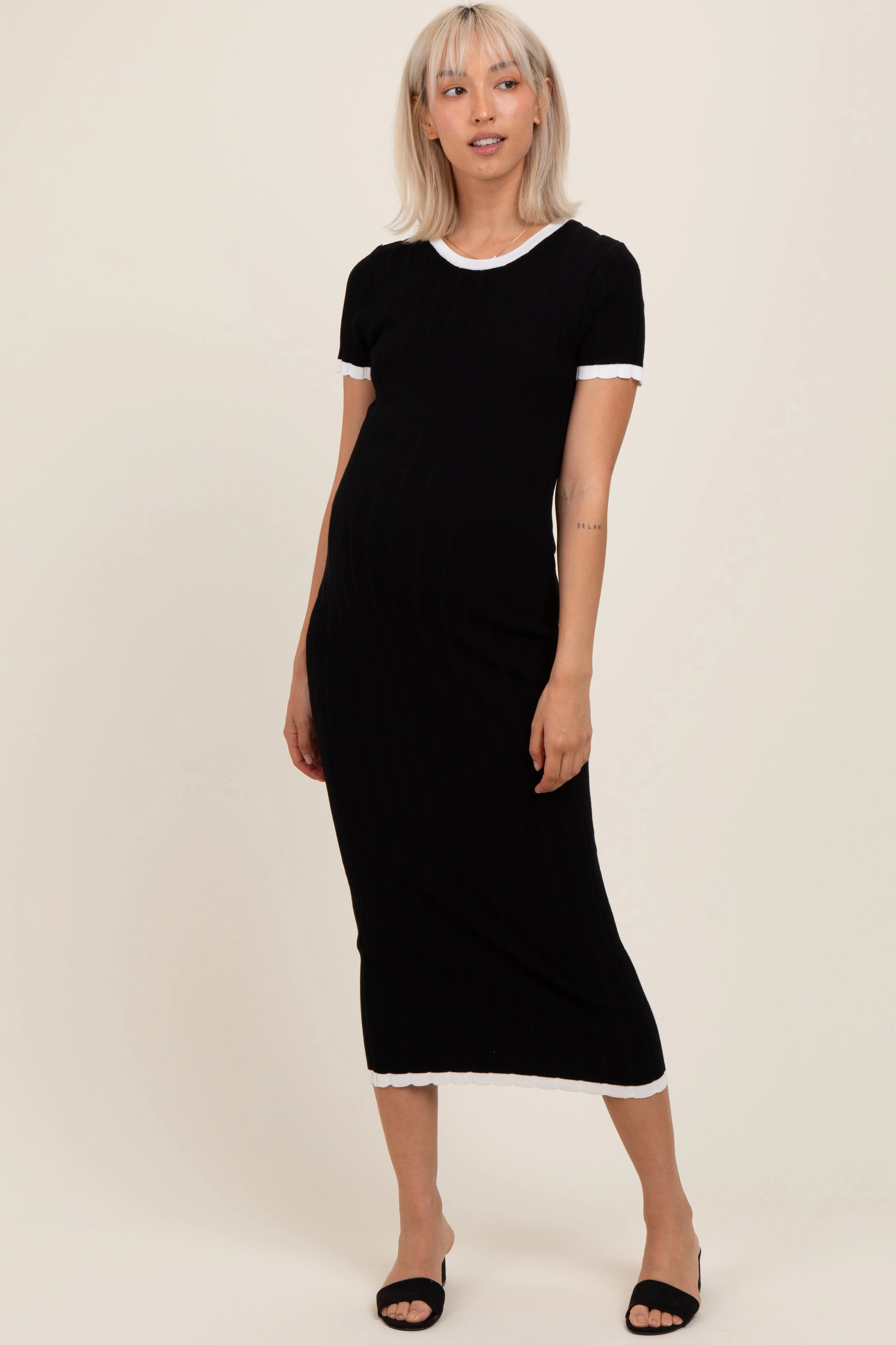 Black/White Short Sleeve Sweater Knit Rib Maternity Midi Dress sold by Pinkblush
