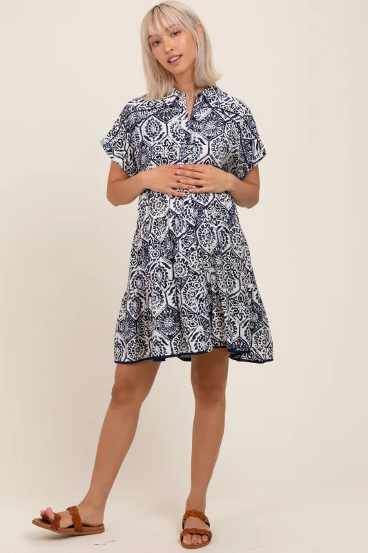Navy Damask Tiered Short Sleeve Maternity Shirt Dress sold by Pinkblush