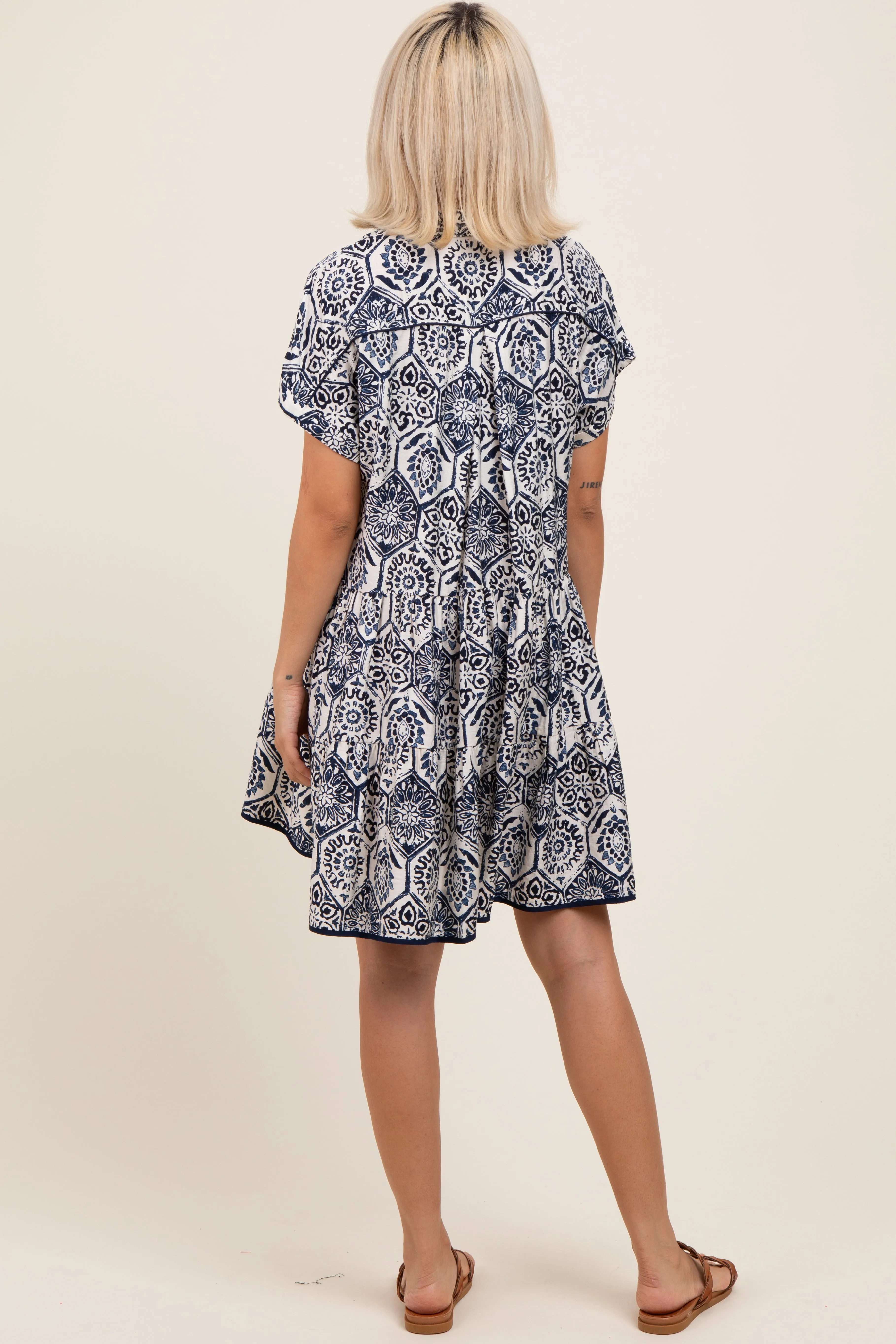 Navy Damask Tiered Short Sleeve Maternity Shirt Dress sold by Pinkblush product image thumbnail 2