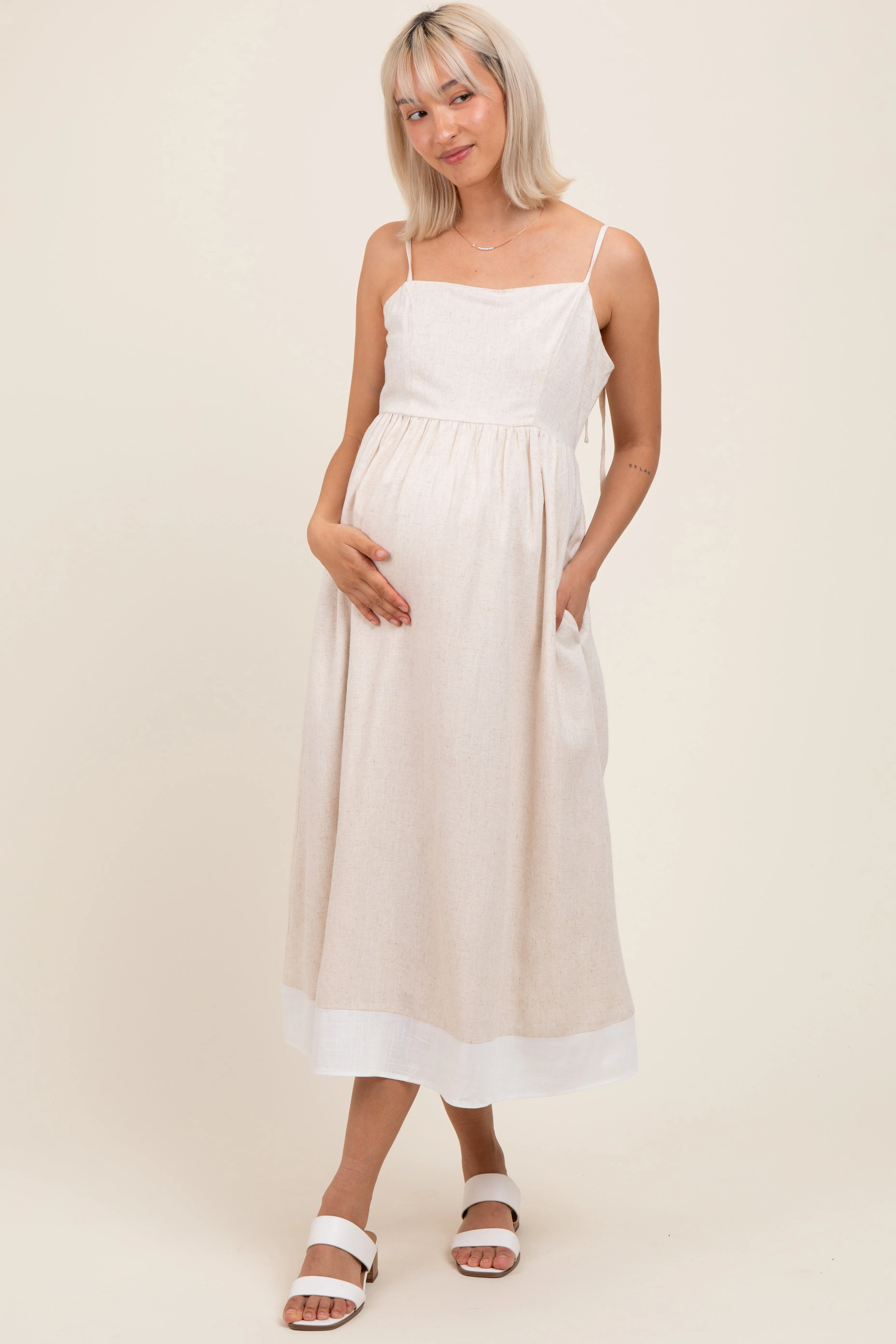 Beige Color Block Back Tie Maternity Midi Dress sold by Pinkblush product image thumbnail 2
