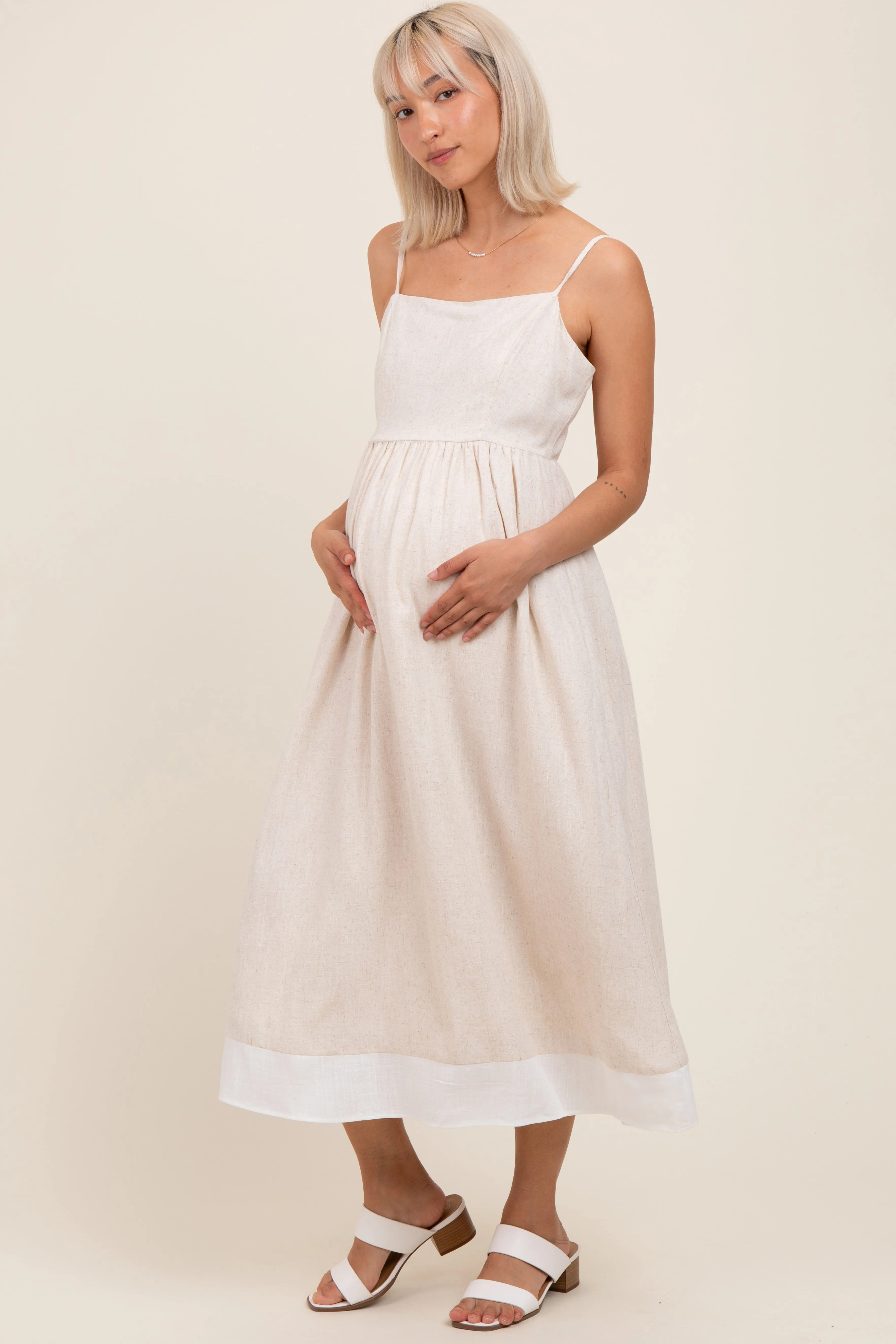 Beige Color Block Back Tie Maternity Midi Dress sold by Pinkblush product image thumbnail 3