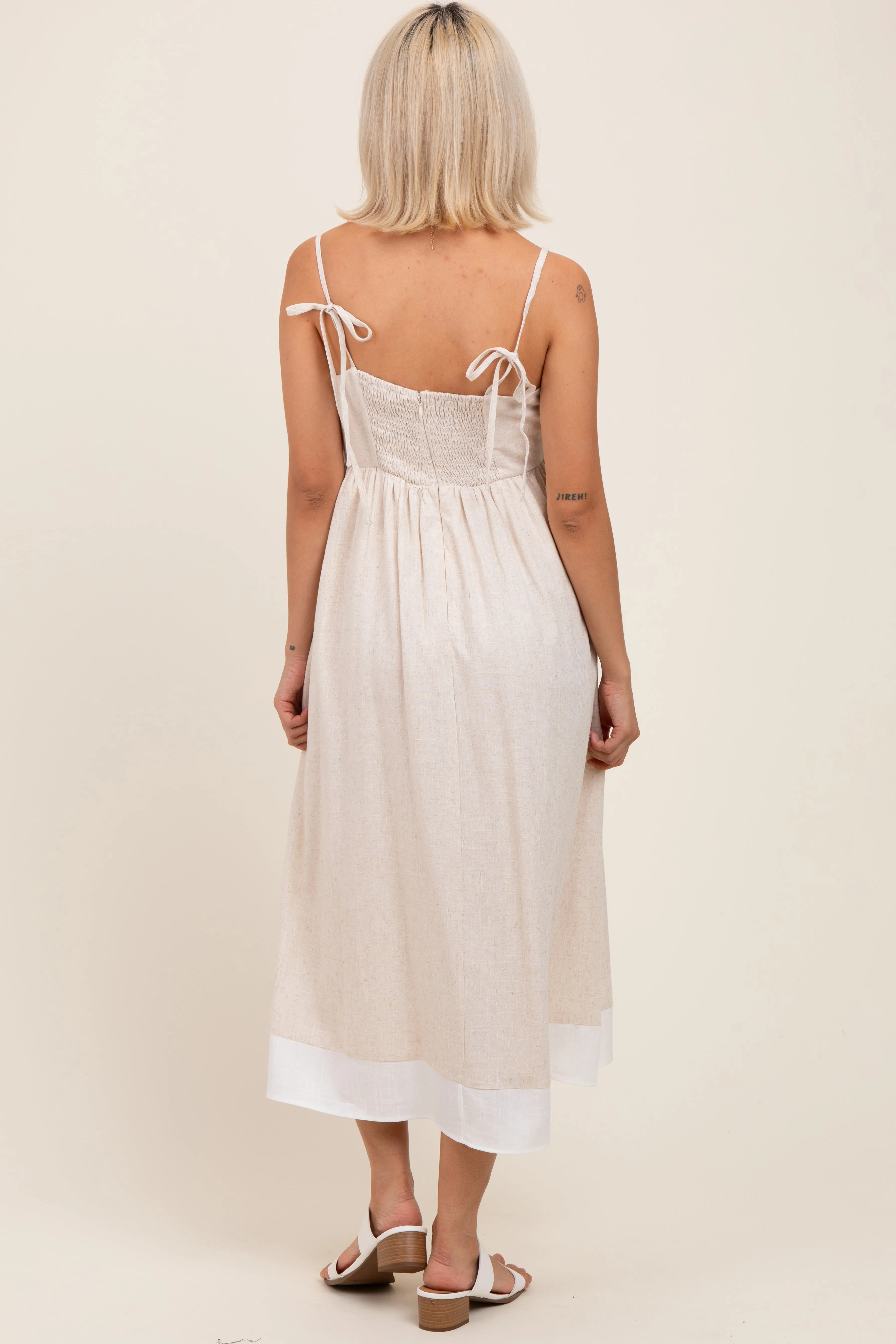 Beige Color Block Back Tie Maternity Midi Dress sold by Pinkblush product image thumbnail 4