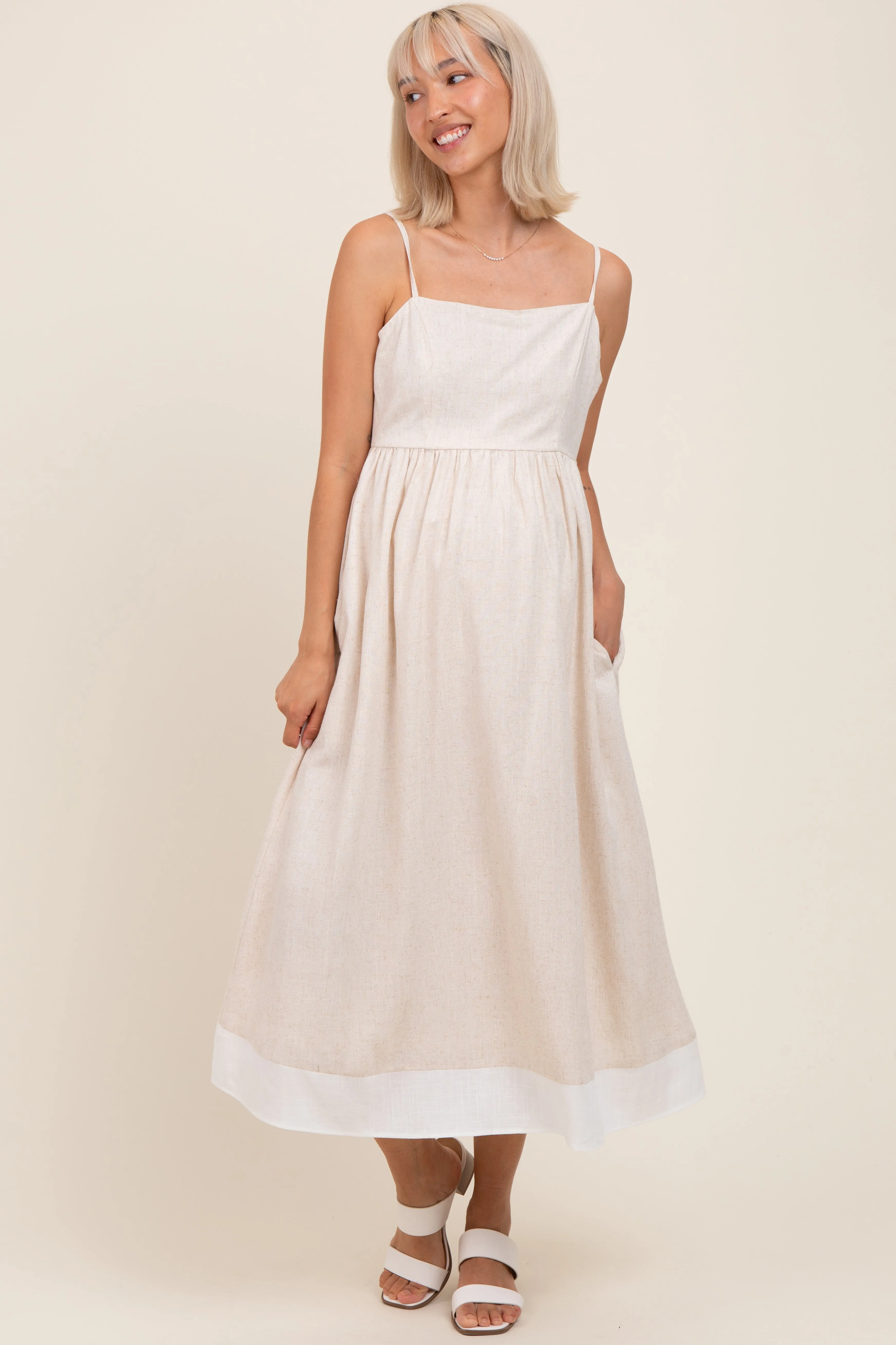 Beige Color Block Back Tie Maternity Midi Dress sold by Pinkblush