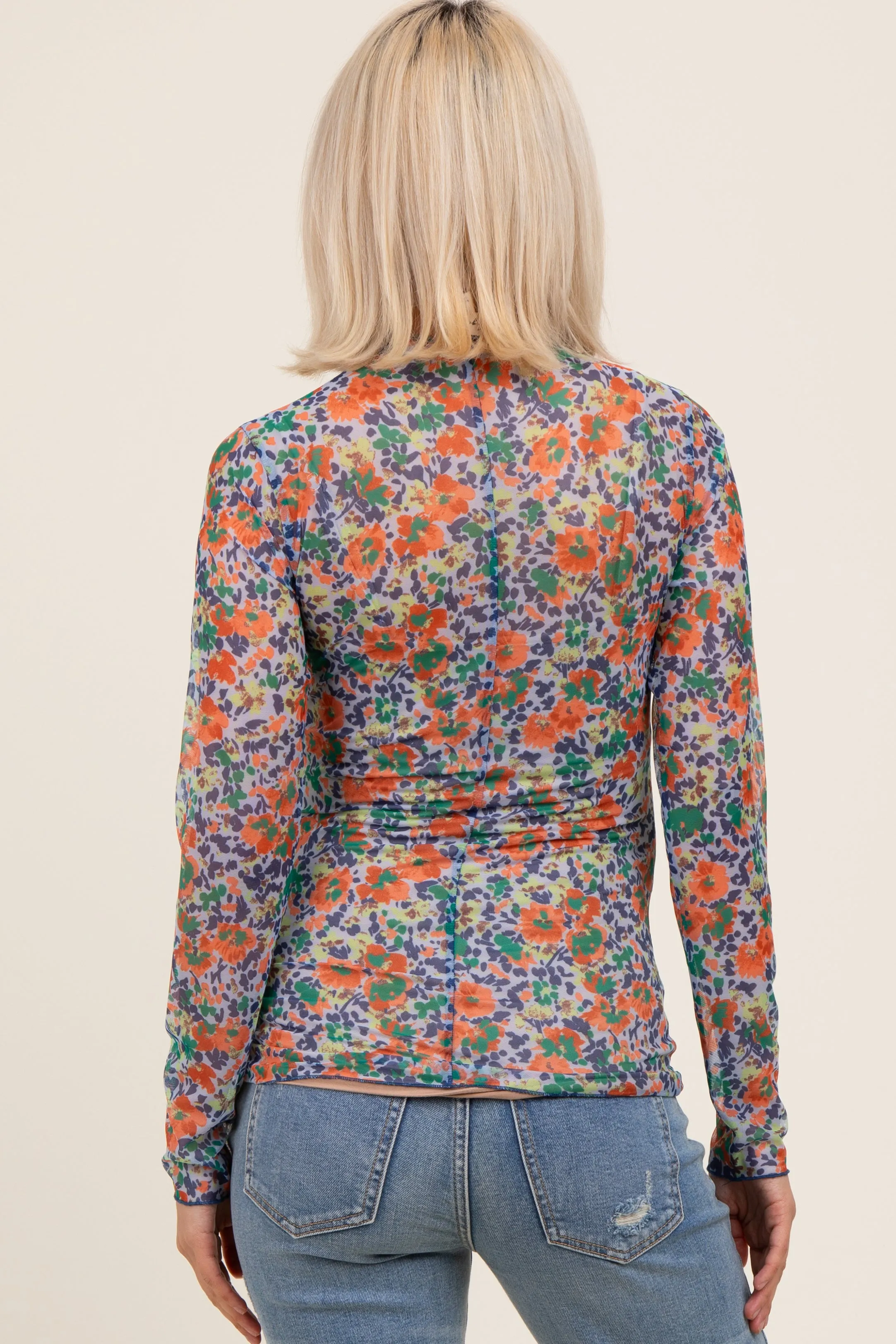 Blue Floral Mesh Long Sleeve Turtle Neck Maternity Top sold by Pinkblush product image thumbnail 2