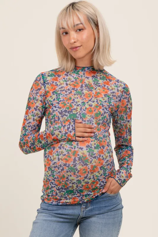 Blue Floral Mesh Long Sleeve Turtle Neck Maternity Top sold by Pinkblush