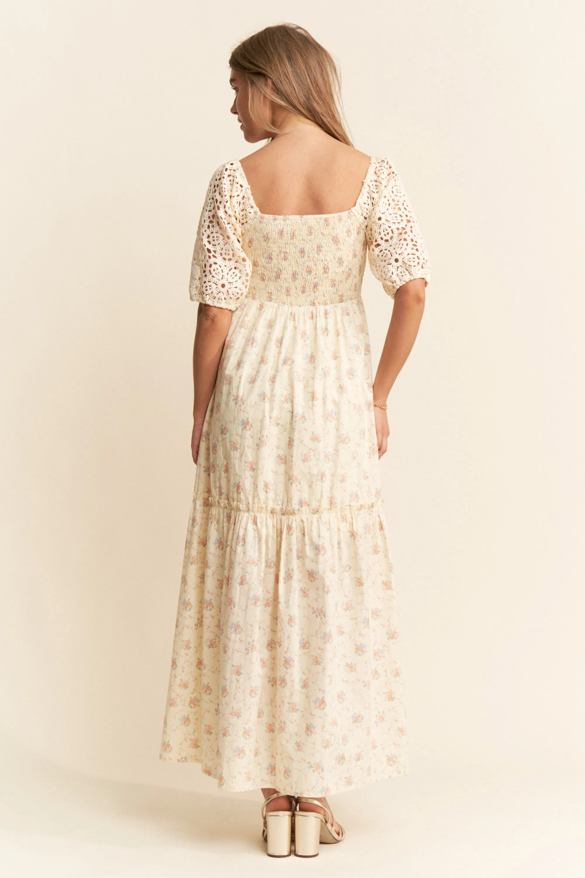 Beige Floral Print Smocked Crochet Tiered Maxi Dress sold by Pinkblush product image thumbnail 4