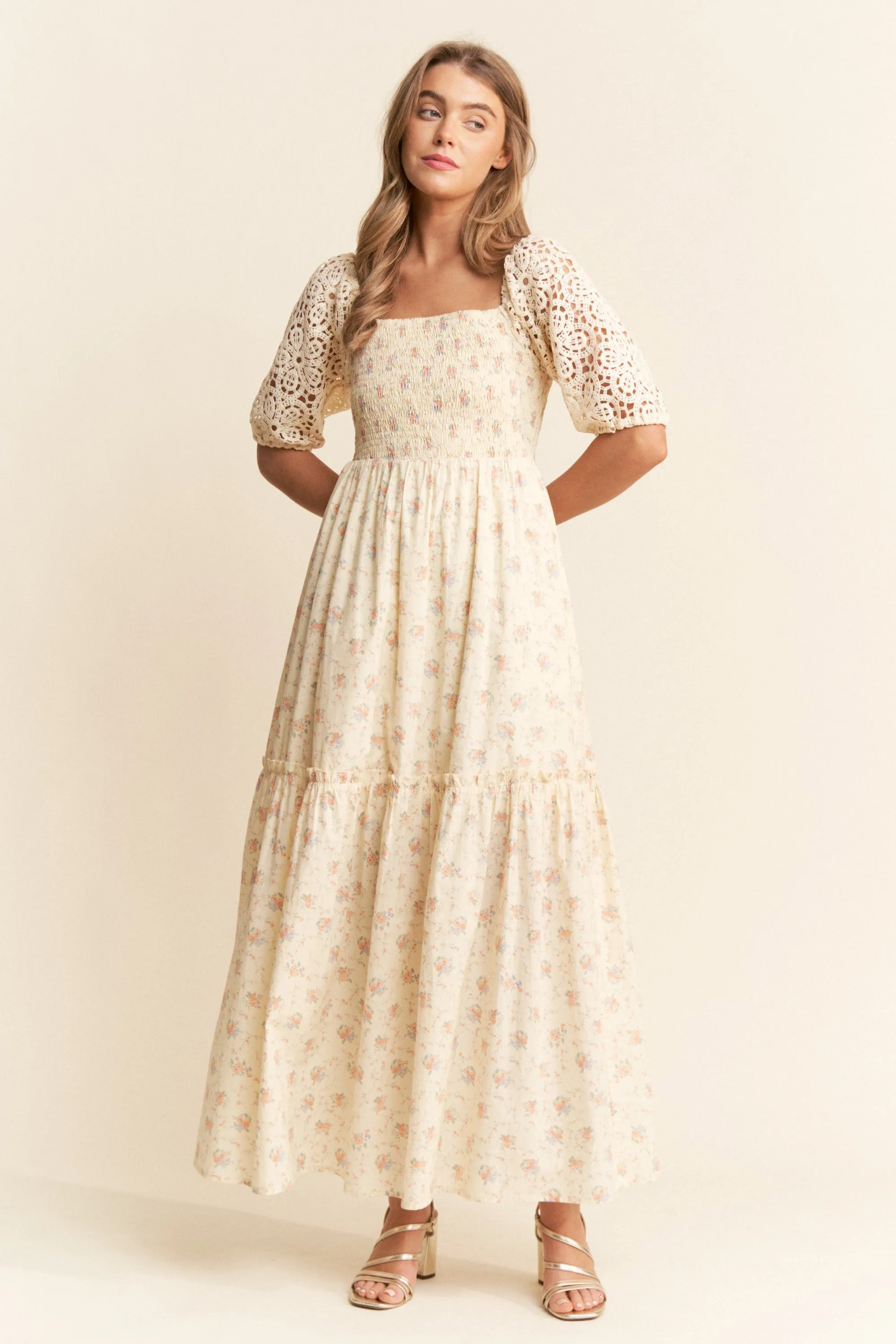 Beige Floral Print Smocked Crochet Tiered Maxi Dress sold by Pinkblush