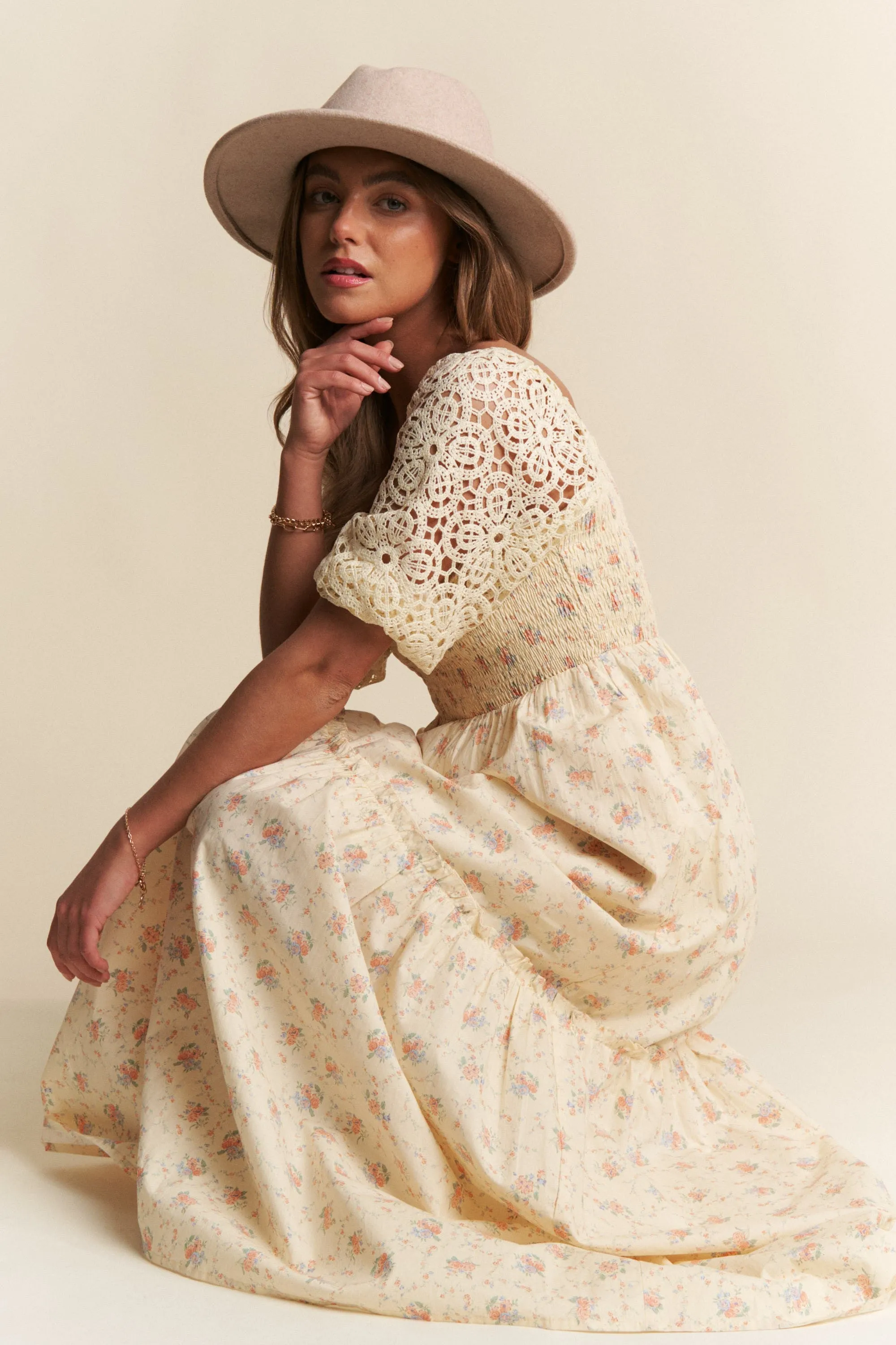 Beige Floral Print Smocked Crochet Tiered Maxi Dress sold by Pinkblush product image thumbnail 5