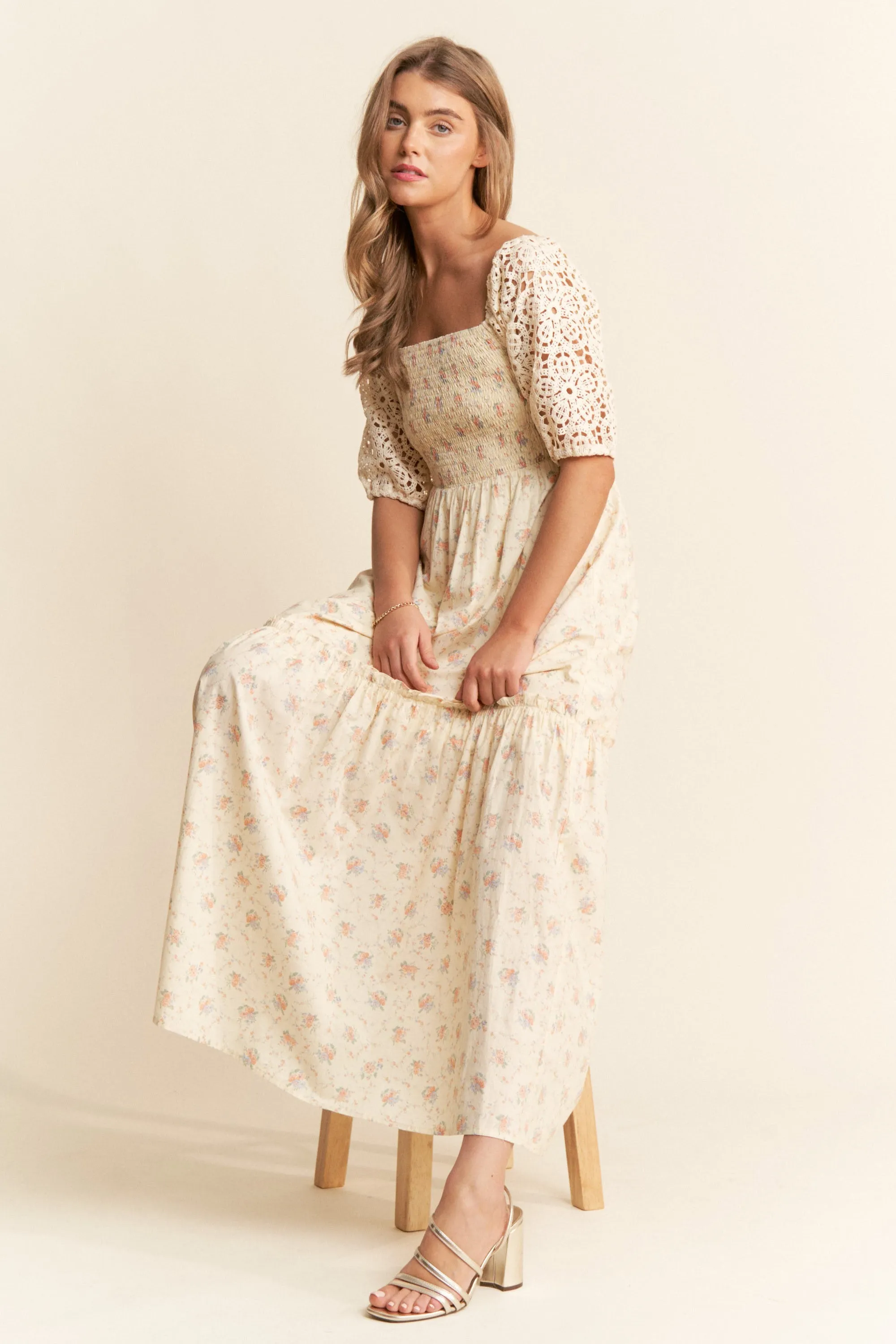 Beige Floral Print Smocked Crochet Tiered Maxi Dress sold by Pinkblush product image thumbnail 2