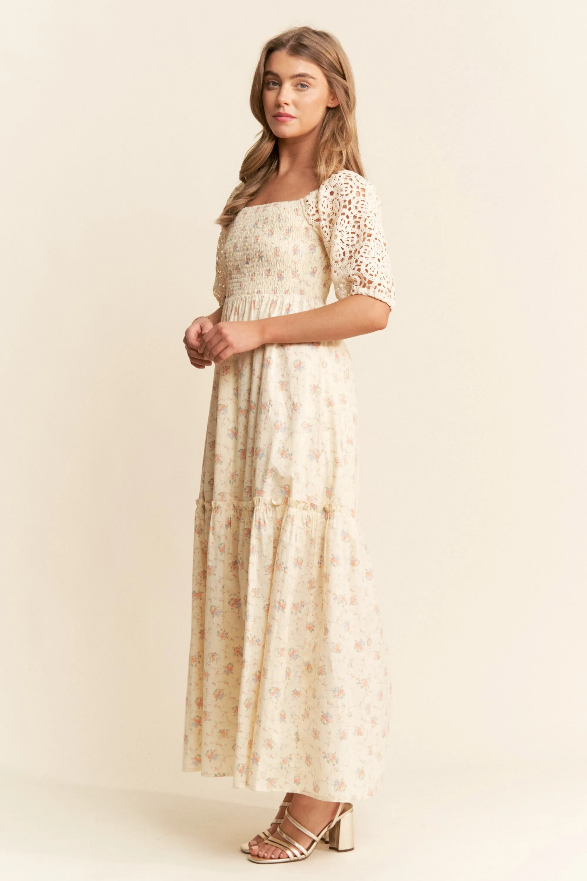 Beige Floral Print Smocked Crochet Tiered Maxi Dress sold by Pinkblush product image thumbnail 3