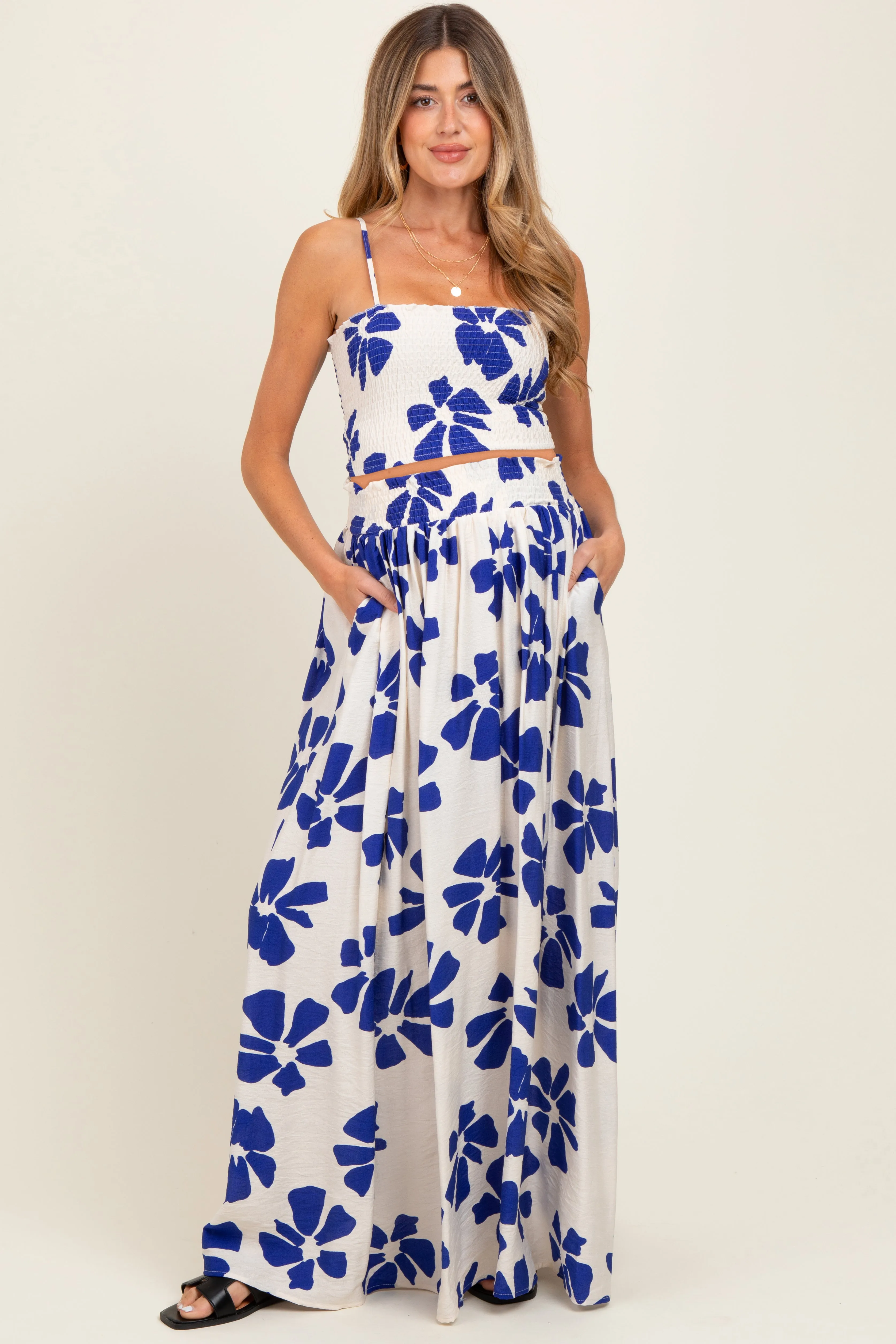 Royal Blue Floral Smocked Top With Maxi Skirt Maternity Set sold by Pinkblush