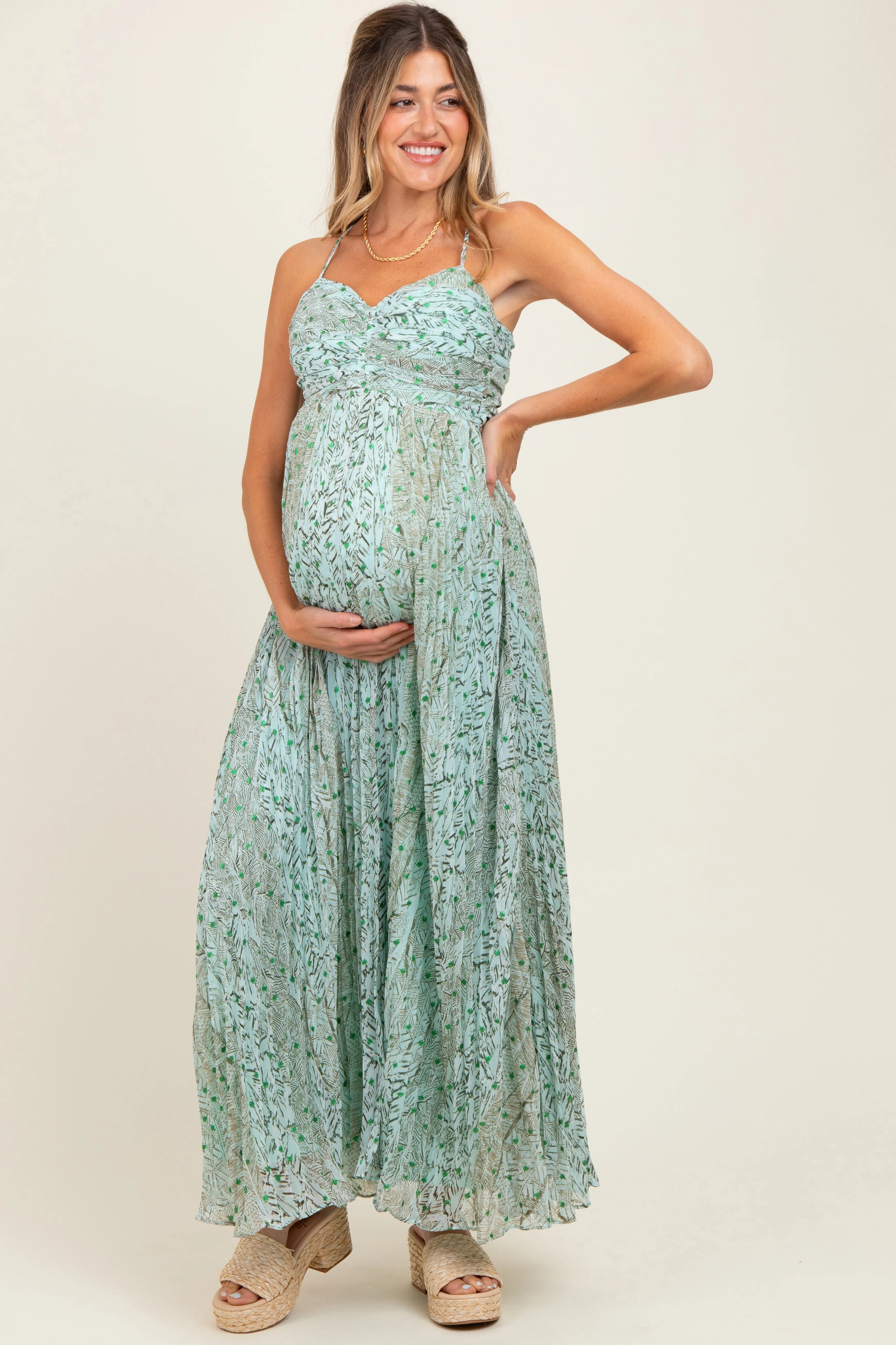 Mint Green Floral Cutout Tie Back Maternity Maxi Dress sold by Pinkblush product image thumbnail 2