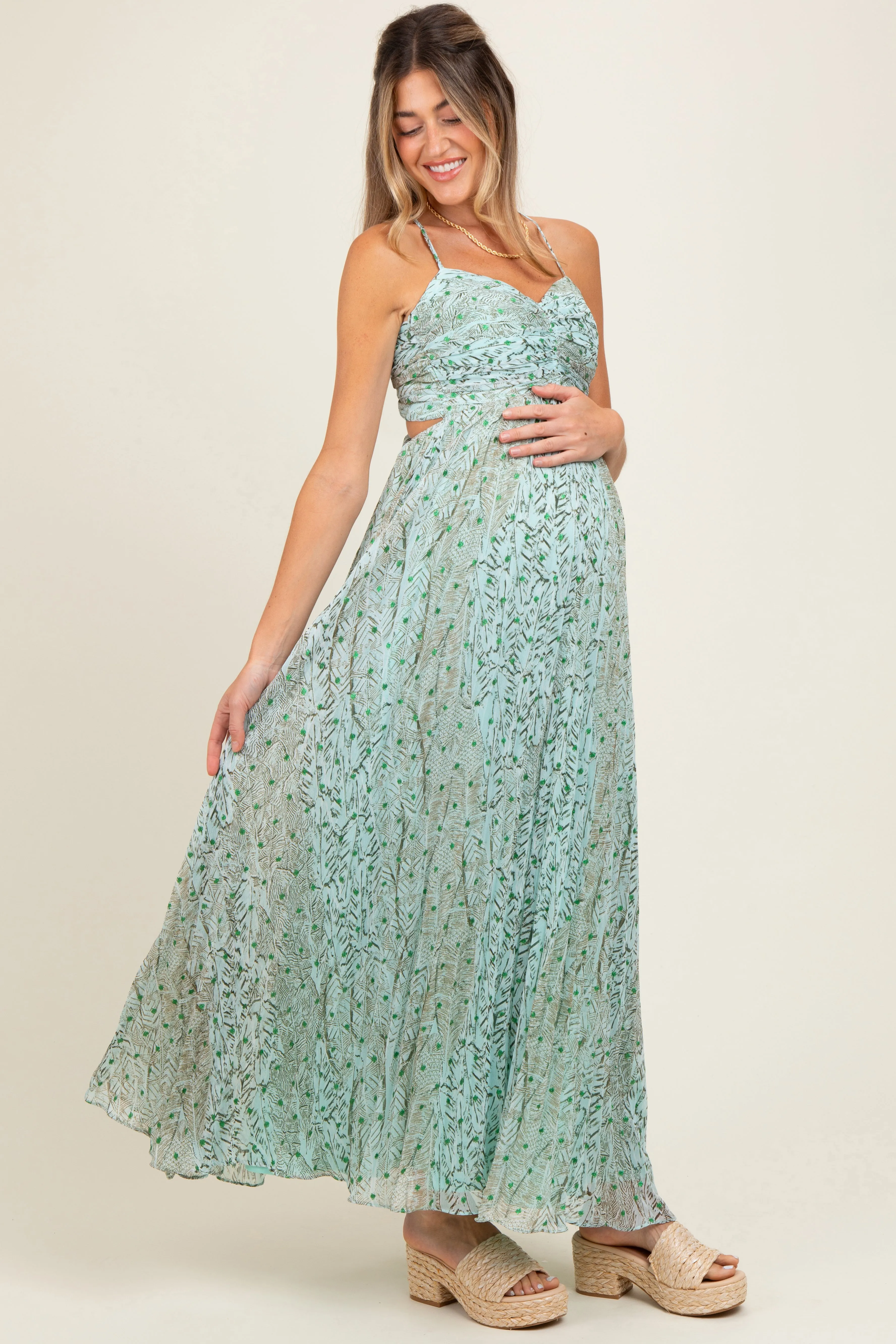 Mint Green Floral Cutout Tie Back Maternity Maxi Dress sold by Pinkblush product image thumbnail 3