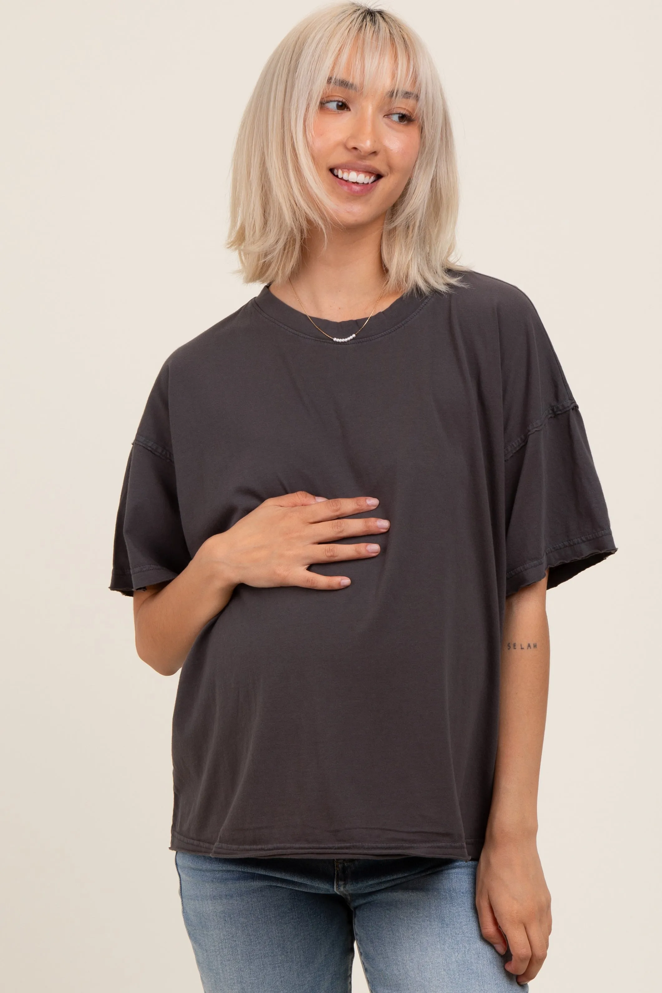 Black Boxy Raw Edge Maternity Short Sleeve Tee sold by Pinkblush product image thumbnail 2