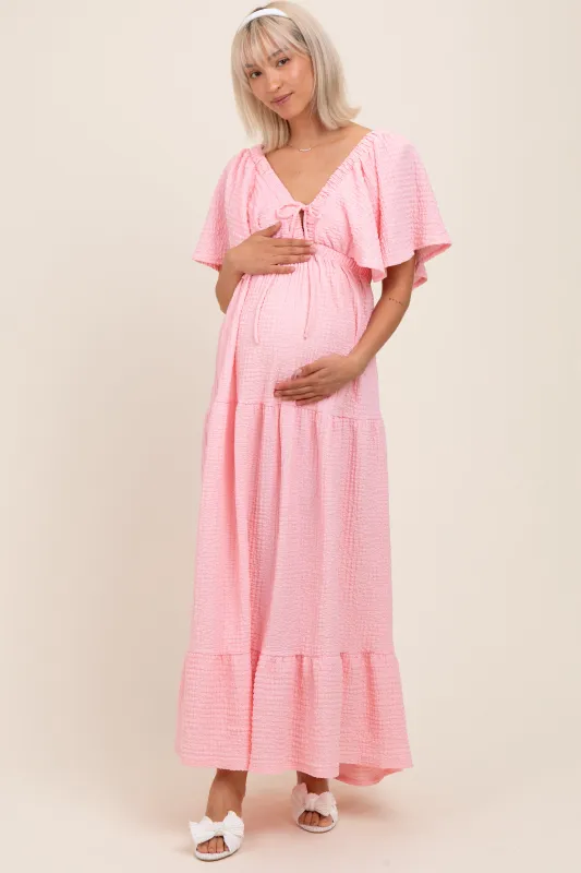Light Pink Woven Textured Flutter Sleeve V-Neck Tiered Maternity Maxi Dress made by Pinkblush