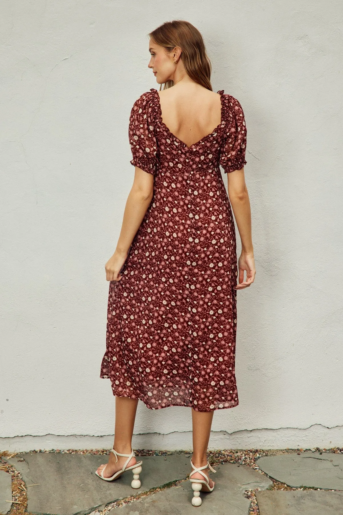 Burgundy Floral Chiffon Sweetheart Puff Sleeve Midi Dress sold by Pinkblush product image thumbnail 3