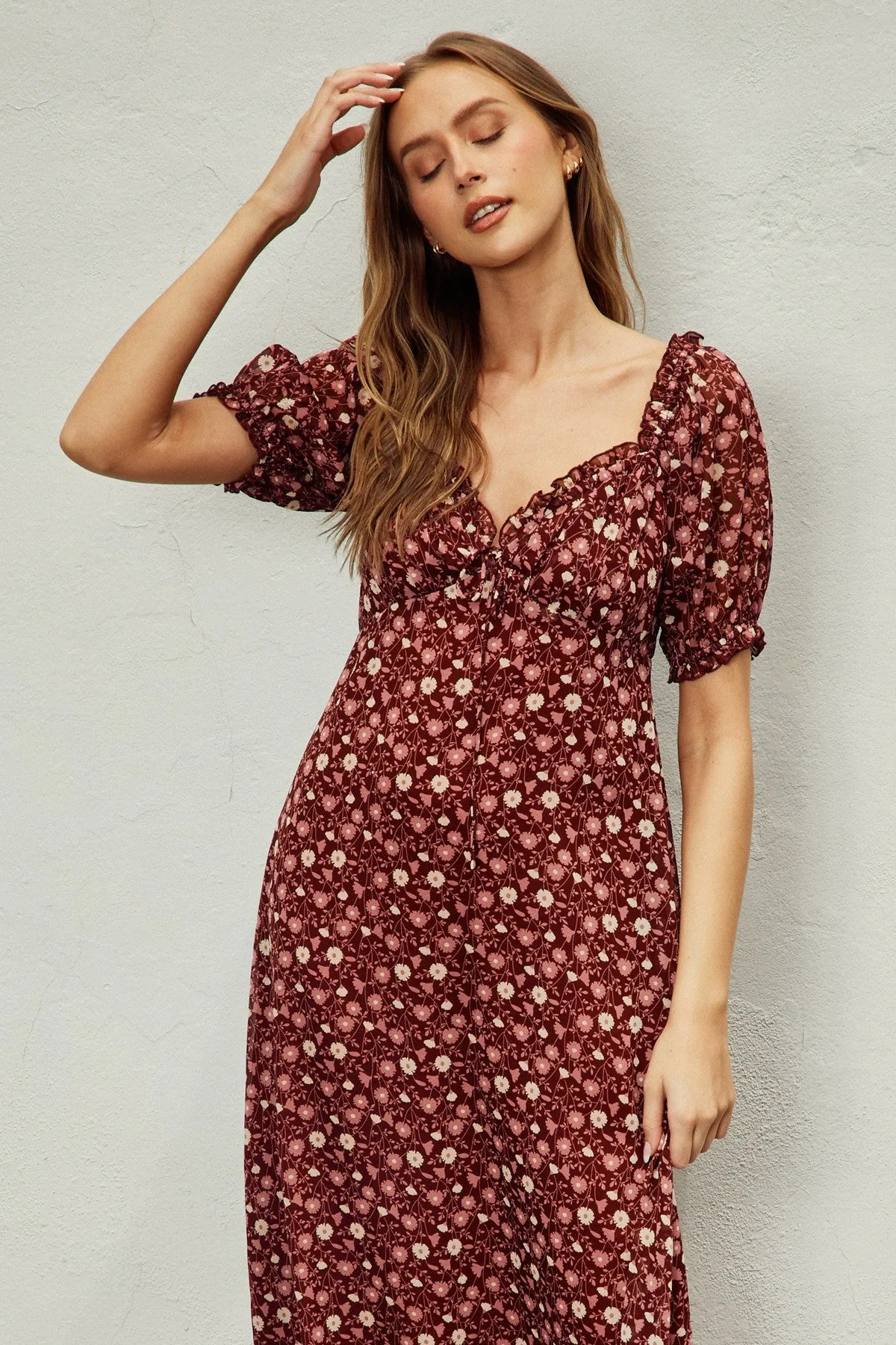 Burgundy Floral Chiffon Sweetheart Puff Sleeve Midi Dress sold by Pinkblush product image thumbnail 4