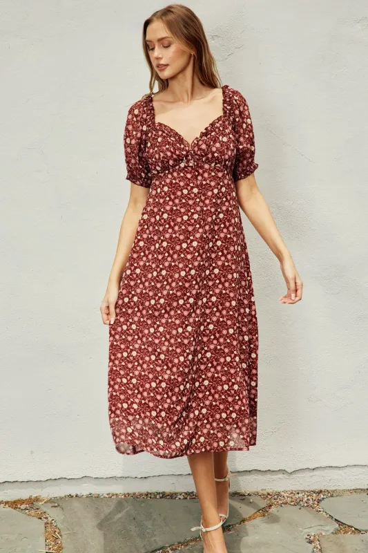 Burgundy Floral Chiffon Sweetheart Puff Sleeve Midi Dress sold by Pinkblush