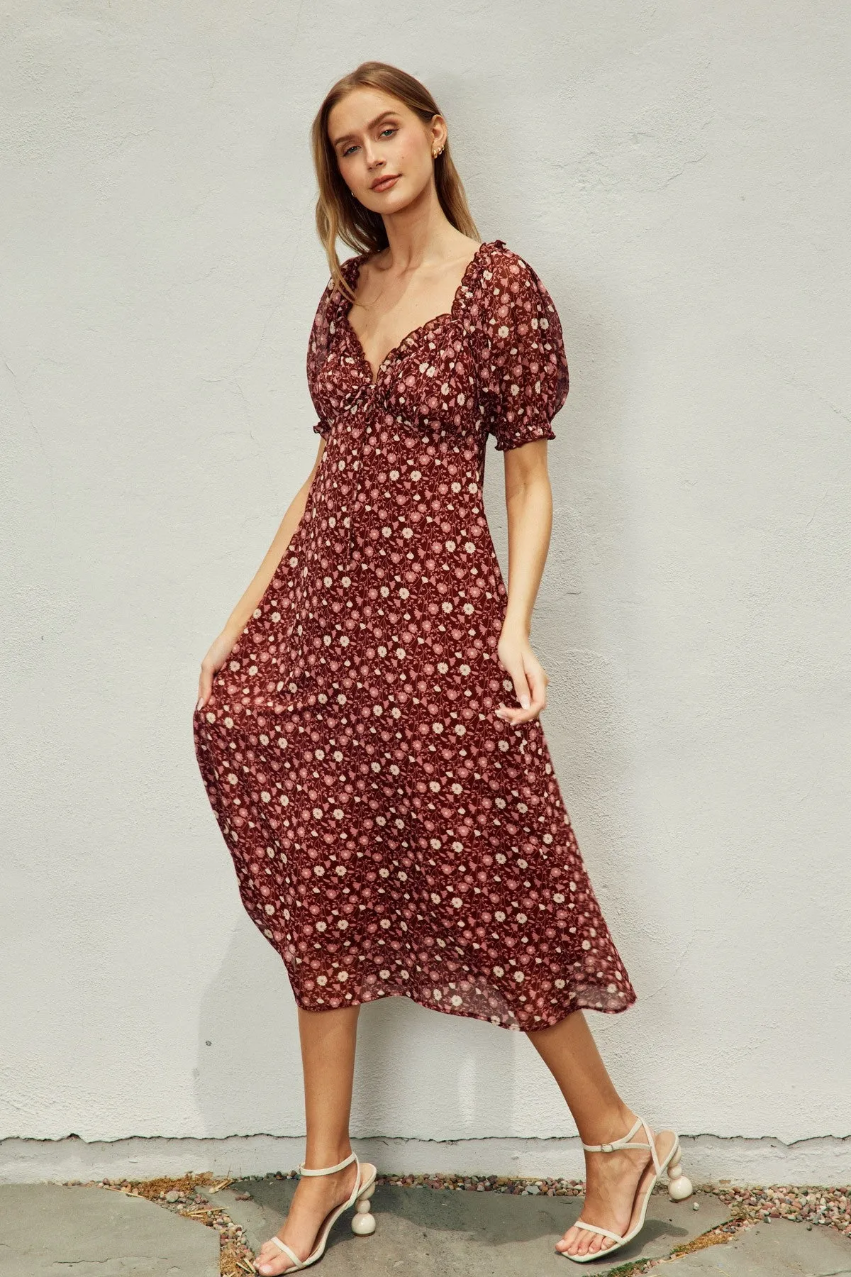 Burgundy Floral Chiffon Sweetheart Puff Sleeve Midi Dress sold by Pinkblush product image thumbnail 2