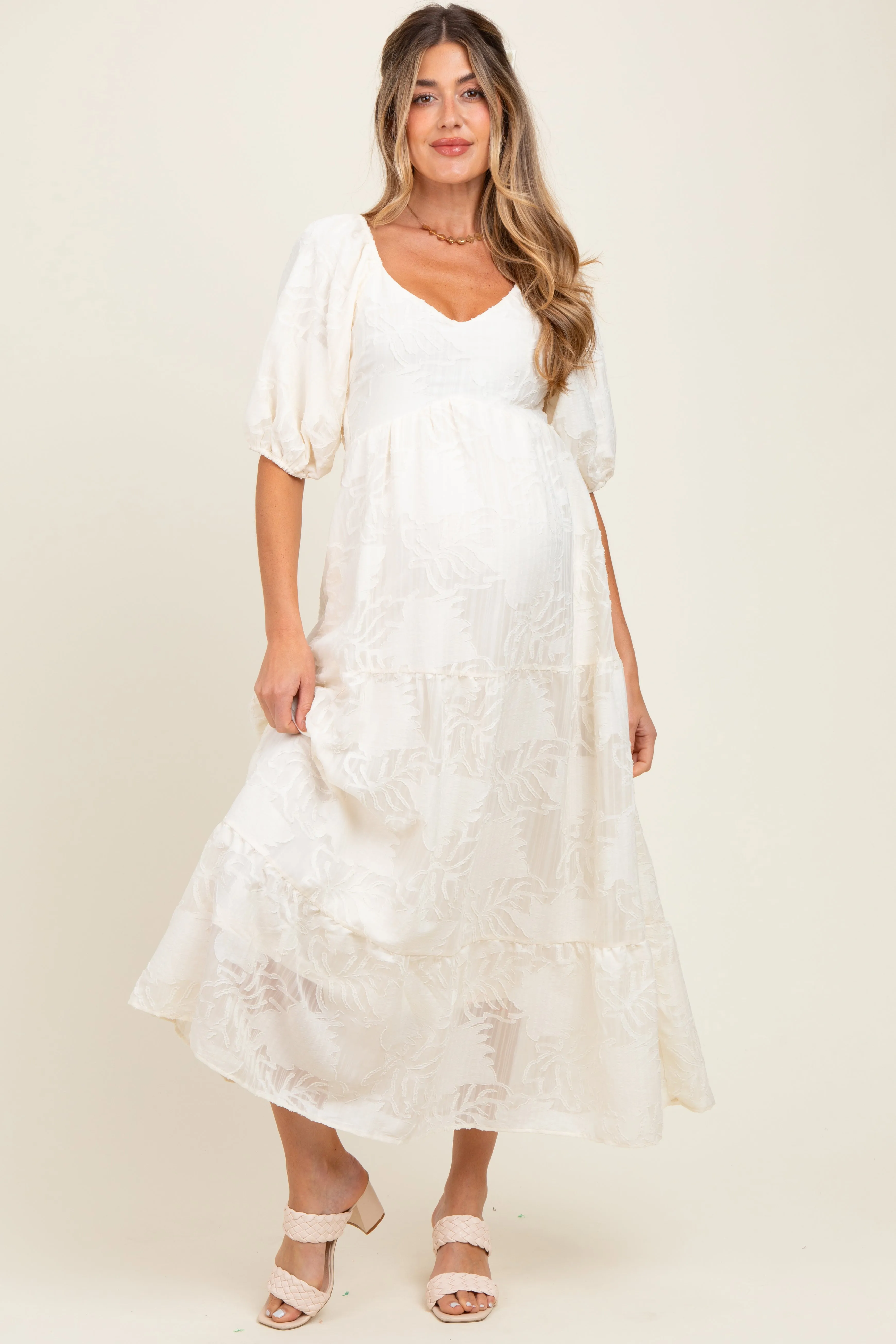 Cream Leaf Textured Tiered Midi Maternity Dress sold by Pinkblush